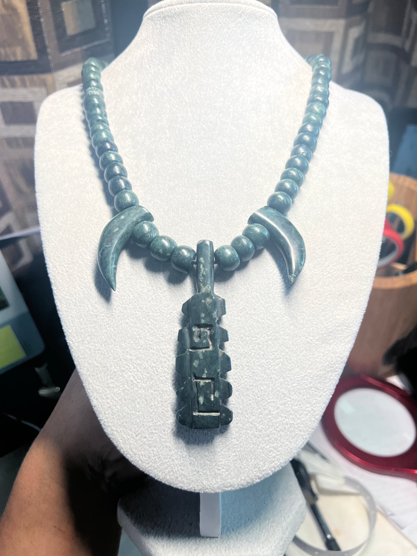 Jade Macuahuitl with Jade Talons Necklace, Aztec Sword Design, with Jade Beads, Leather Adjustable Necklace, Mexica Ancient Mexican (18)