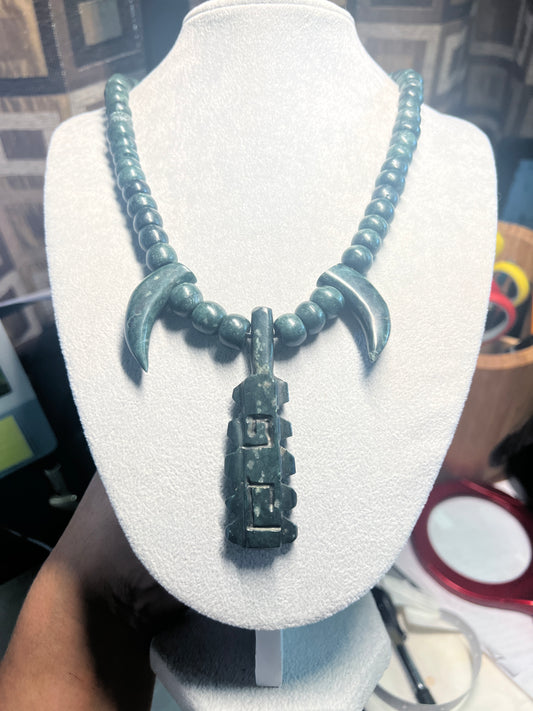 Jade Macuahuitl with Jade Talons Necklace, Aztec Sword Design, with Jade Beads, Leather Adjustable Necklace, Mexica Ancient Mexican (18)