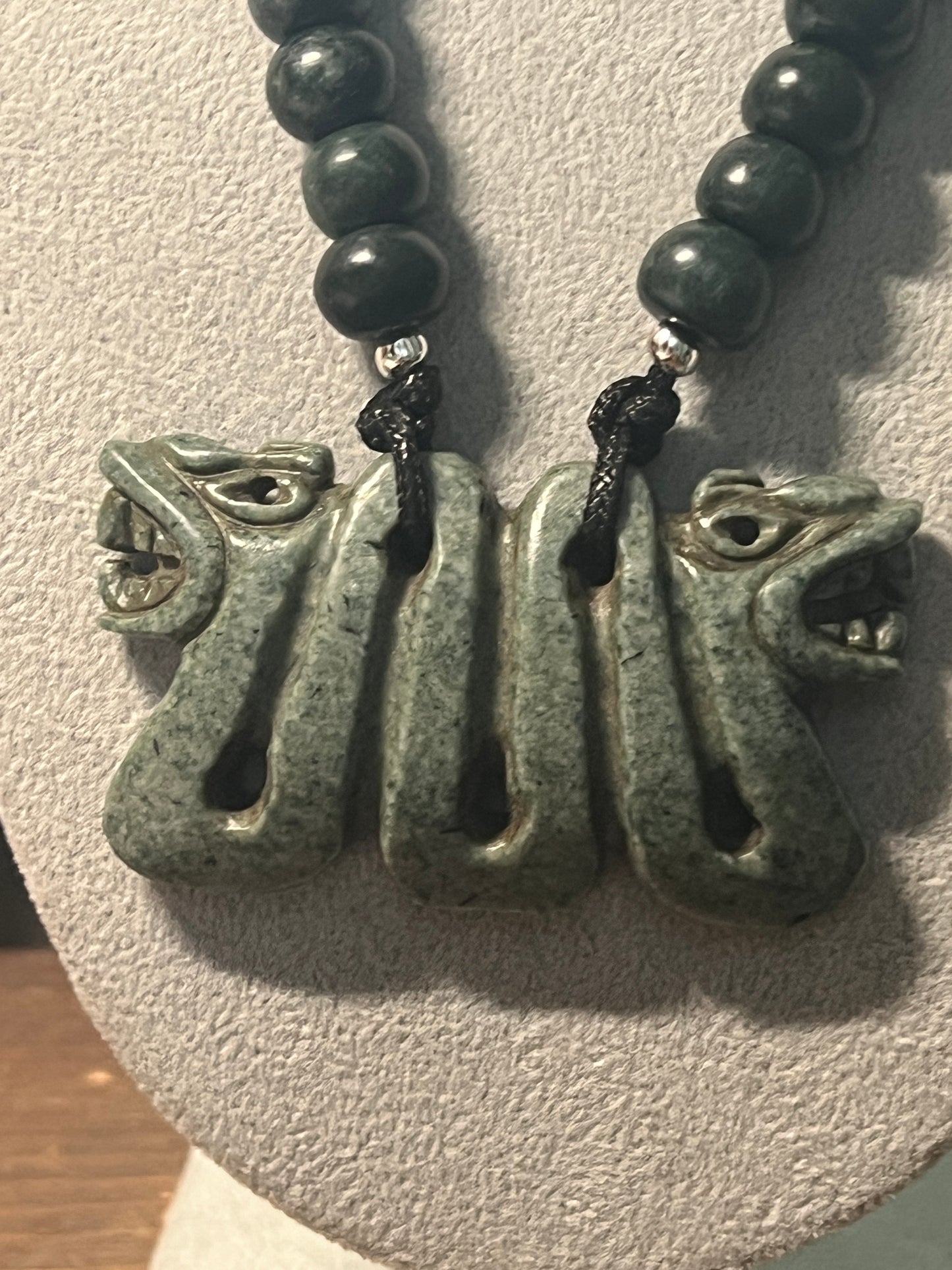 Jadite Maquitzcoatl Double Headed Serpent Necklace from Guatemala, Jade Beads, Snake, Good Luck, Aztec, Mexica  (#17)