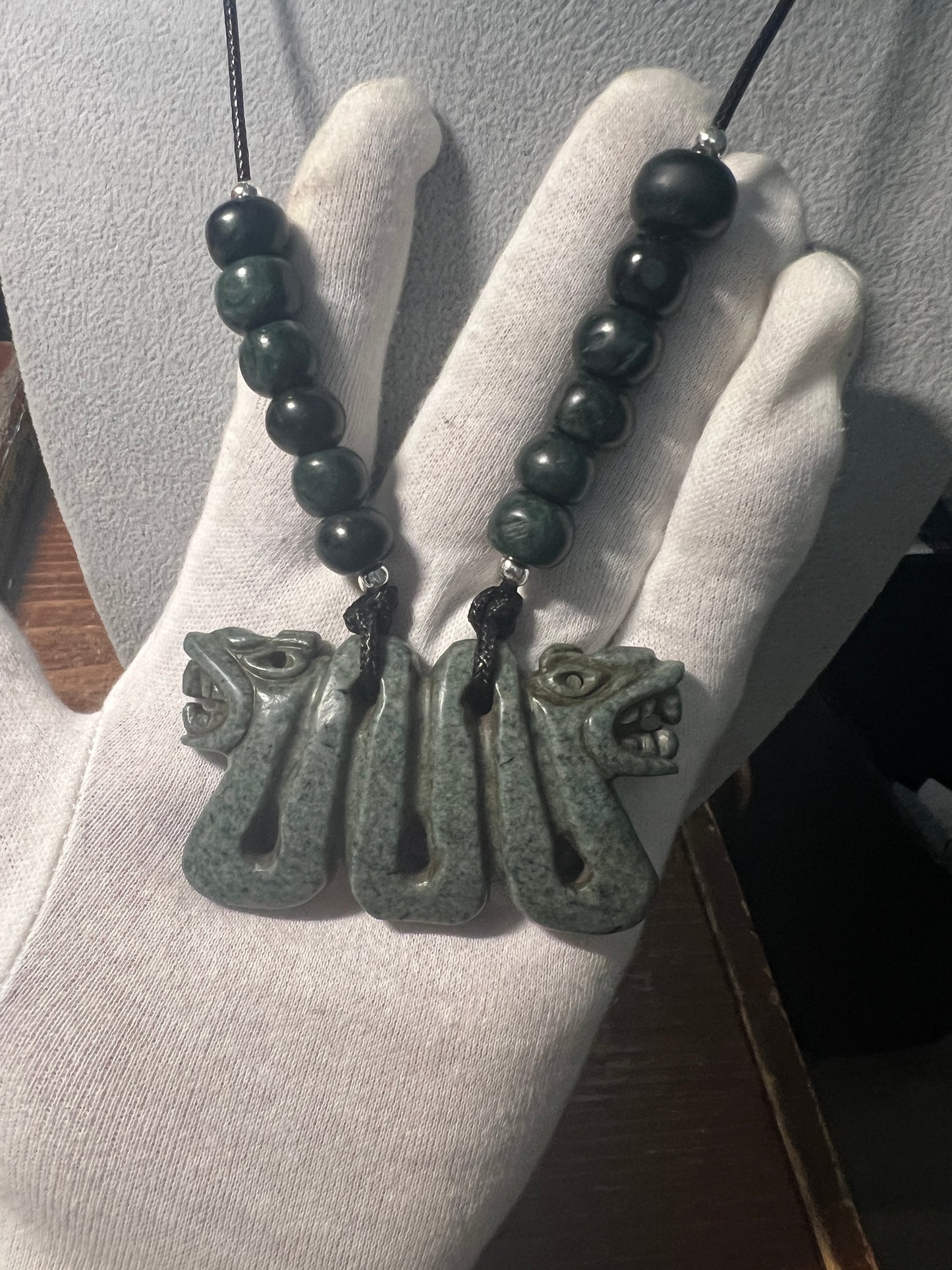 Jadite Maquitzcoatl Double Headed Serpent Necklace from Guatemala, Jade Beads, Snake, Good Luck, Aztec, Mexica  (#17)