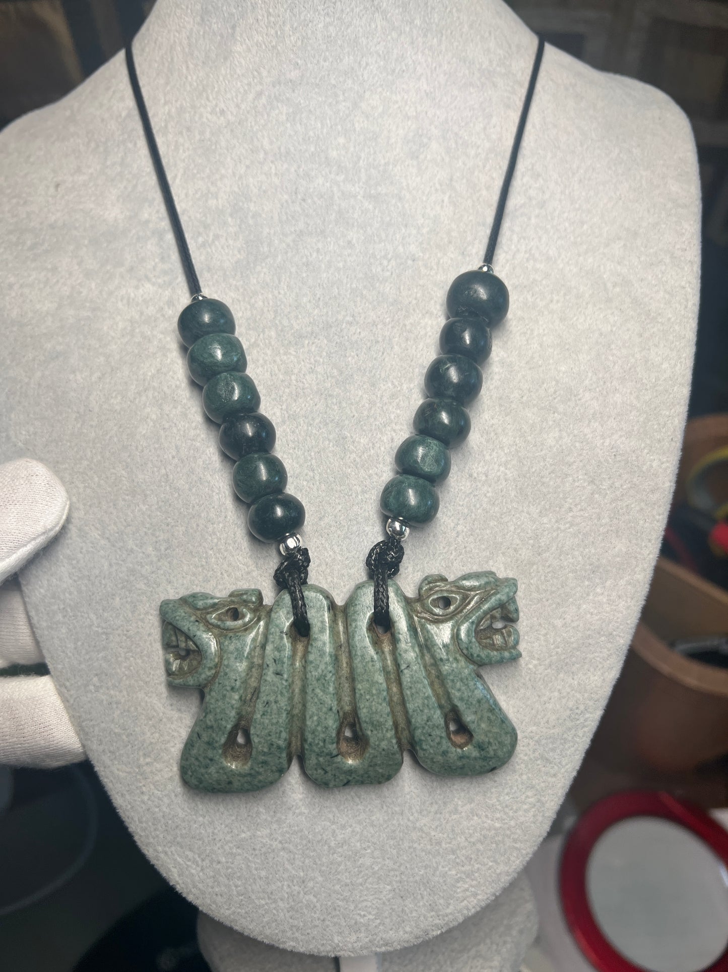 Jadite Maquitzcoatl Double Headed Serpent Necklace from Guatemala, Jade Beads, Snake, Good Luck, Aztec, Mexica  (#17)