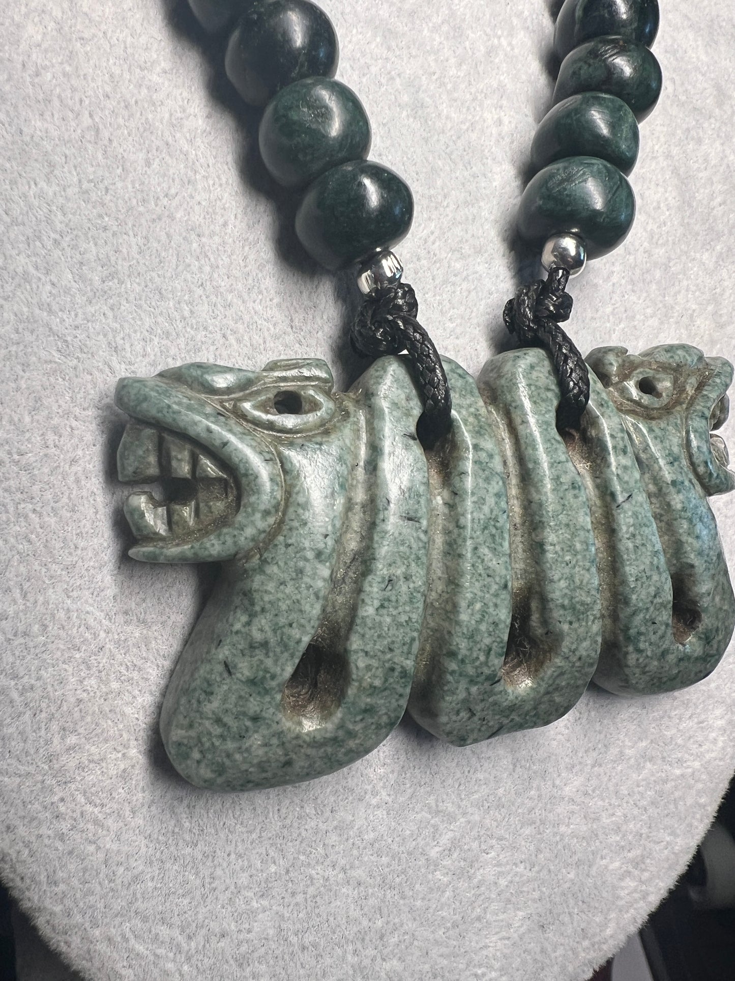 Jadite Maquitzcoatl Double Headed Serpent Necklace from Guatemala, Jade Beads, Snake, Good Luck, Aztec, Mexica  (#17)