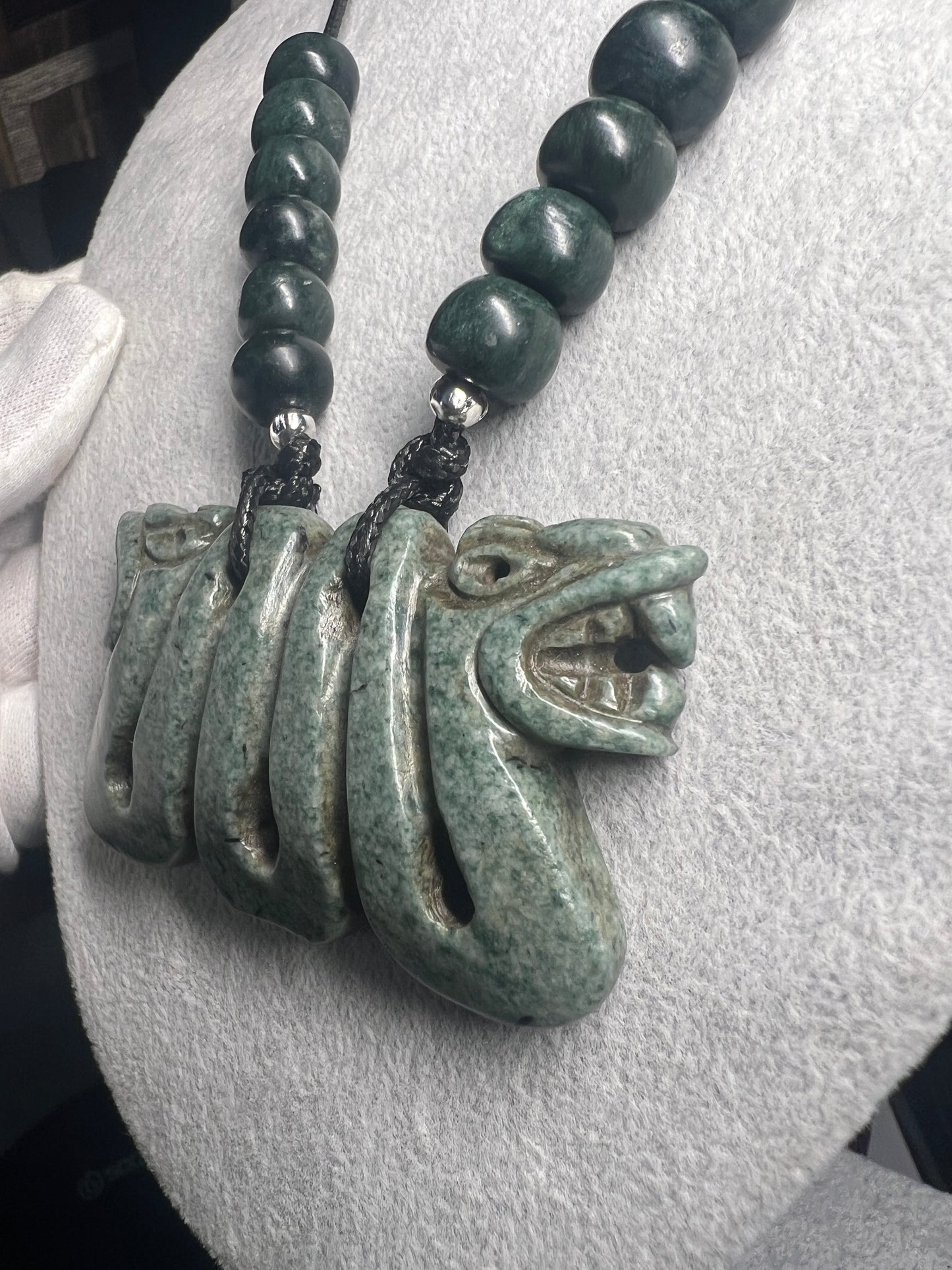 Jadite Maquitzcoatl Double Headed Serpent Necklace from Guatemala, Jade Beads, Snake, Good Luck, Aztec, Mexica  (#17)