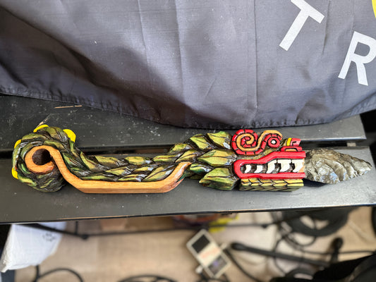 Quetzalcoatl Kukulkan Dagger, Deep Wood Carved, Painted, Azteca Obsidian Knife, Mexica Sacrificial Knives, Mayan Replica Artifacts