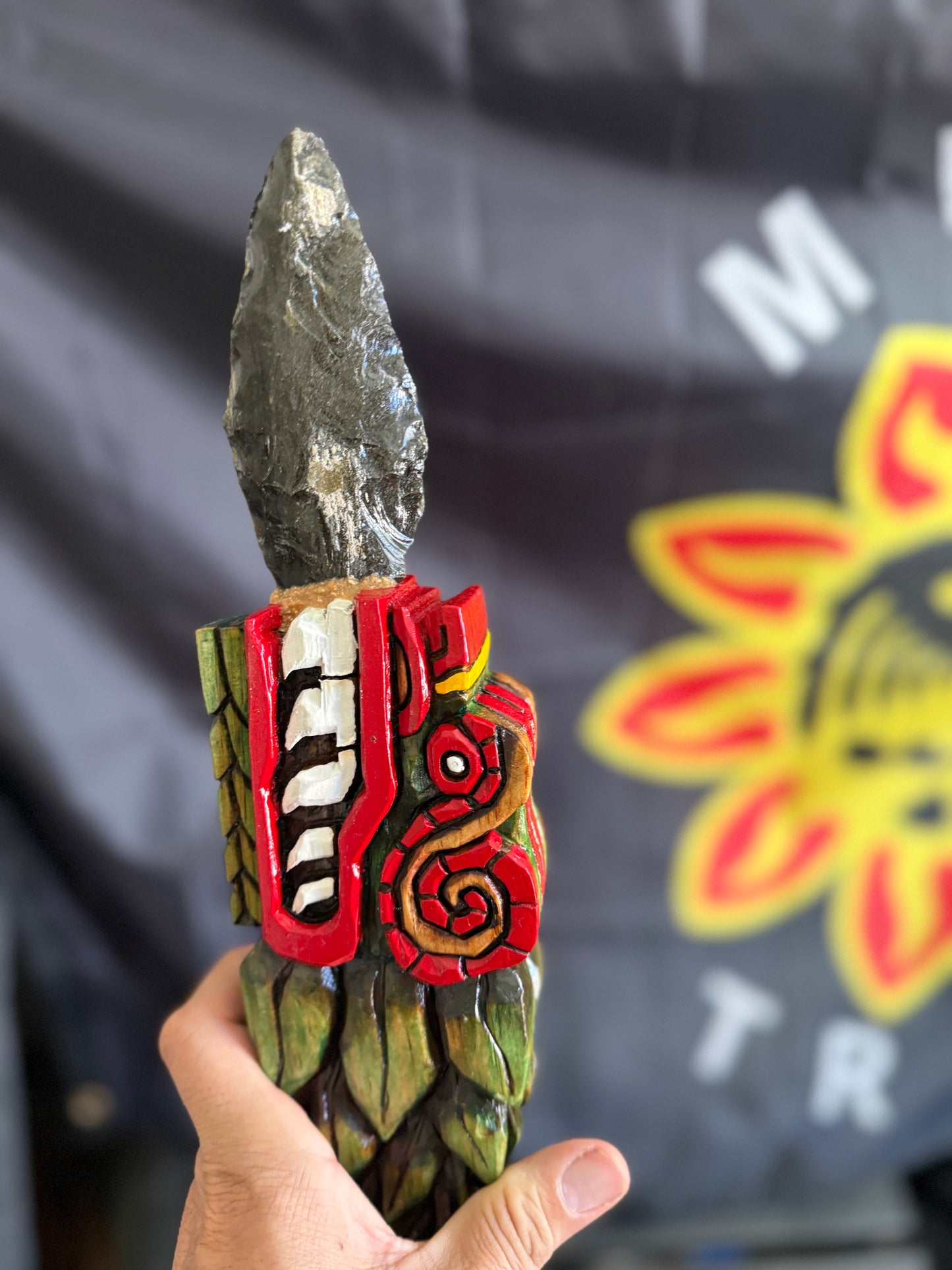 Quetzalcoatl Kukulkan Dagger, Deep Wood Carved, Painted, Azteca Obsidian Knife, Mexica Sacrificial Knives, Mayan Replica Artifacts