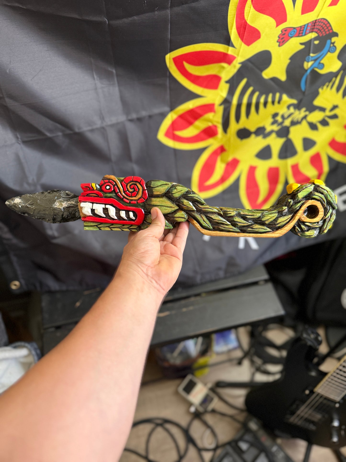 Quetzalcoatl Kukulkan Dagger, Deep Wood Carved, Painted, Azteca Obsidian Knife, Mexica Sacrificial Knives, Mayan Replica Artifacts