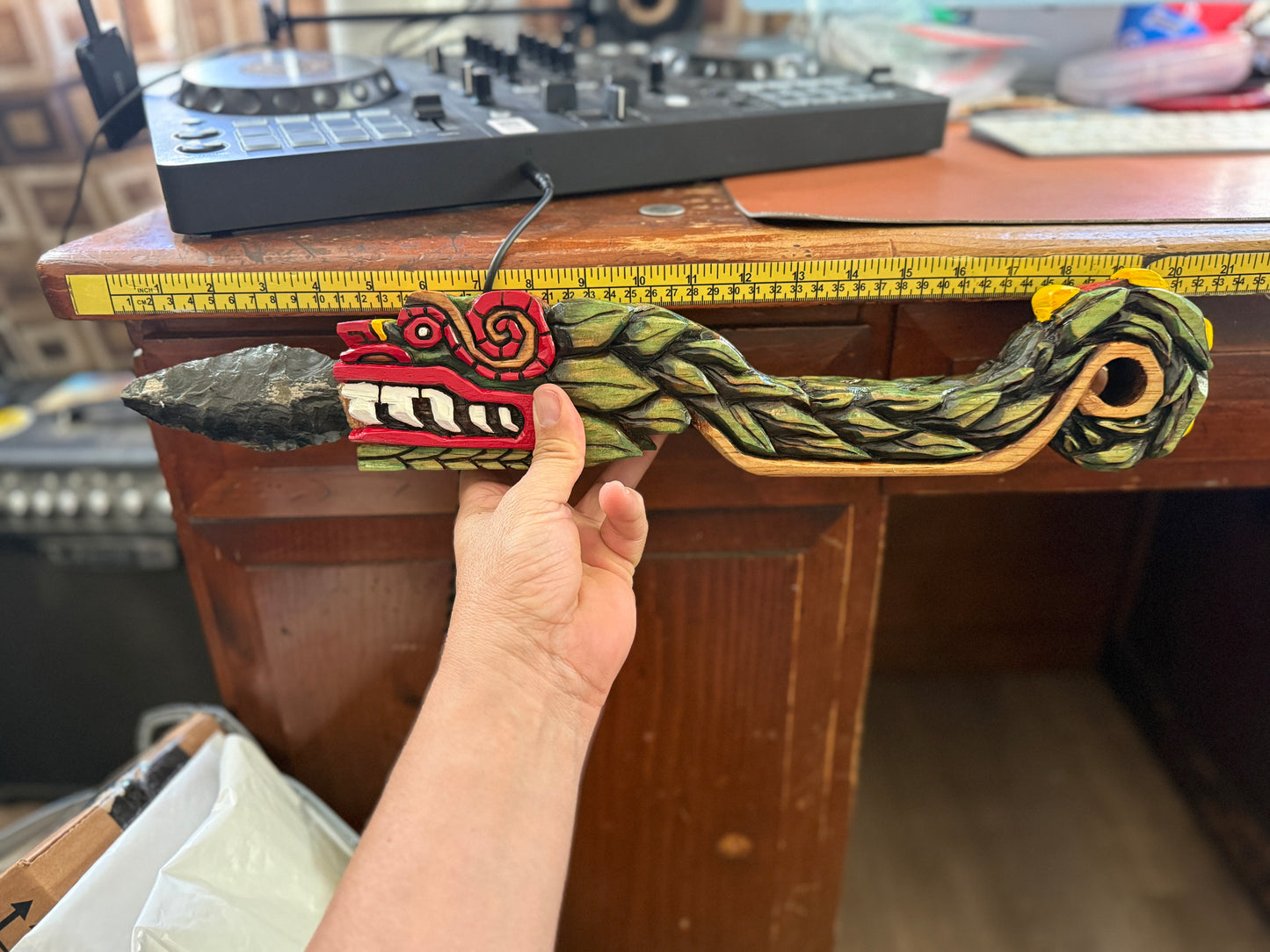Quetzalcoatl Kukulkan Dagger, Deep Wood Carved, Painted, Azteca Obsidian Knife, Mexica Sacrificial Knives, Mayan Replica Artifacts