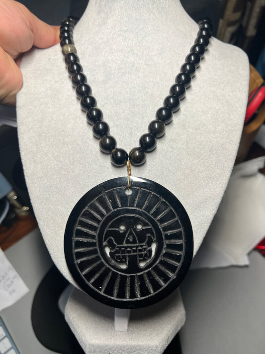 Obsidian Full Circle Piedra De Muerte Pendant Beaded Necklace, The Stone of Death, Mictlantecuhtli, Handmade, Mexico, Prehispanic Jewelry (#18)