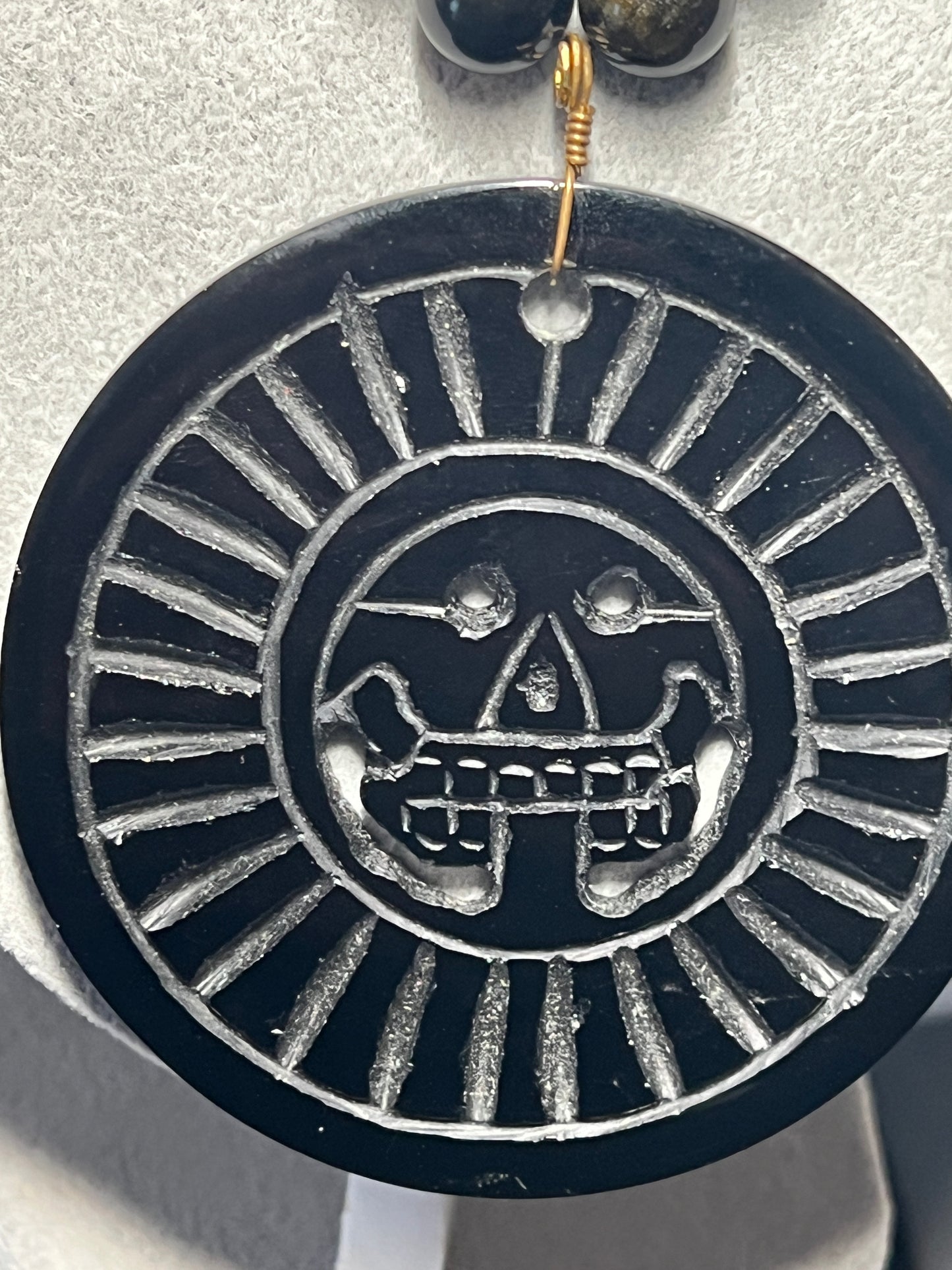 Obsidian Full Circle Piedra De Muerte Pendant Beaded Necklace, The Stone of Death, Mictlantecuhtli, Handmade, Mexico, Prehispanic Jewelry (#18)