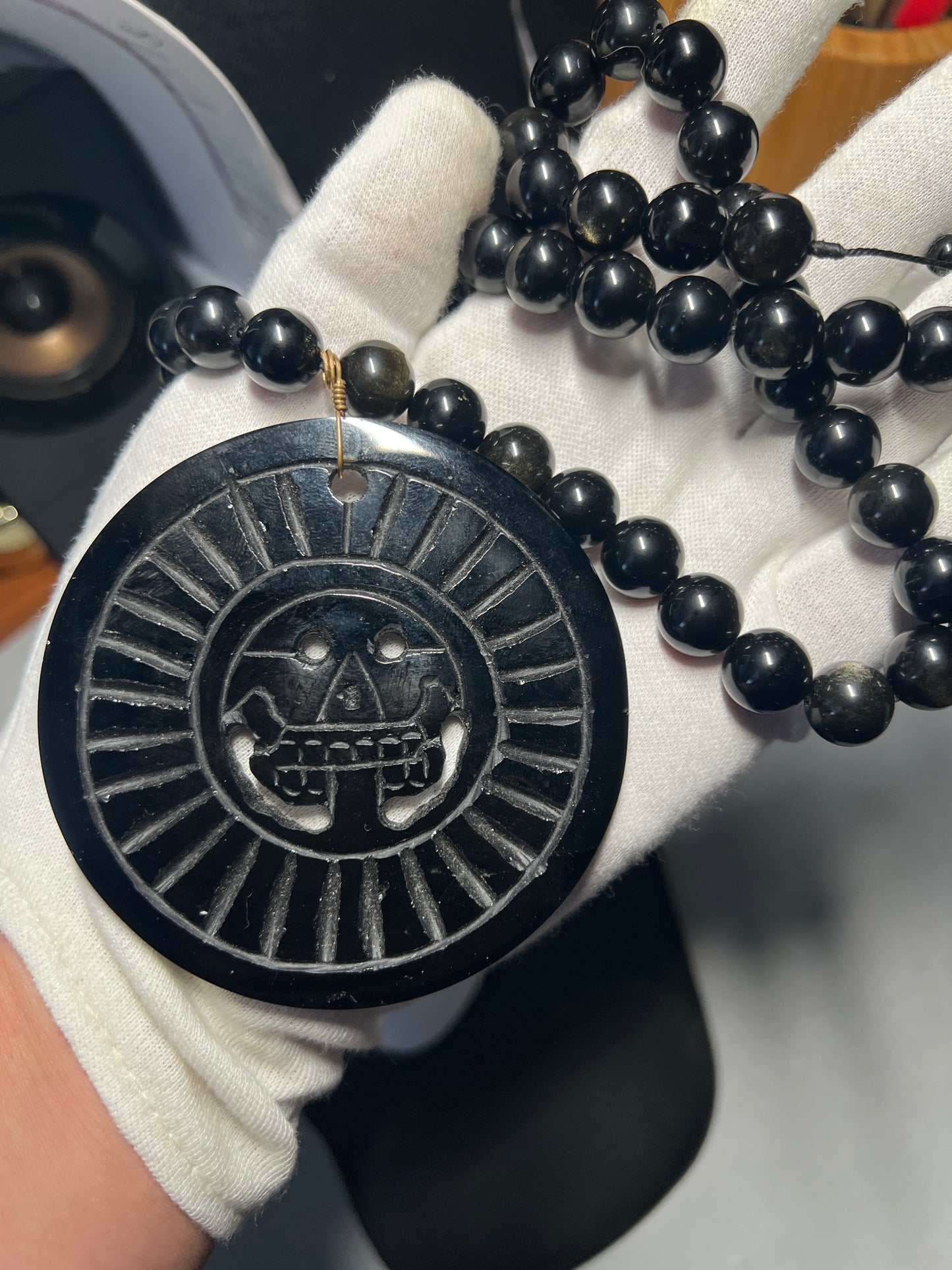 Obsidian Full Circle Piedra De Muerte Pendant Beaded Necklace, The Stone of Death, Mictlantecuhtli, Handmade, Mexico, Prehispanic Jewelry (#18)