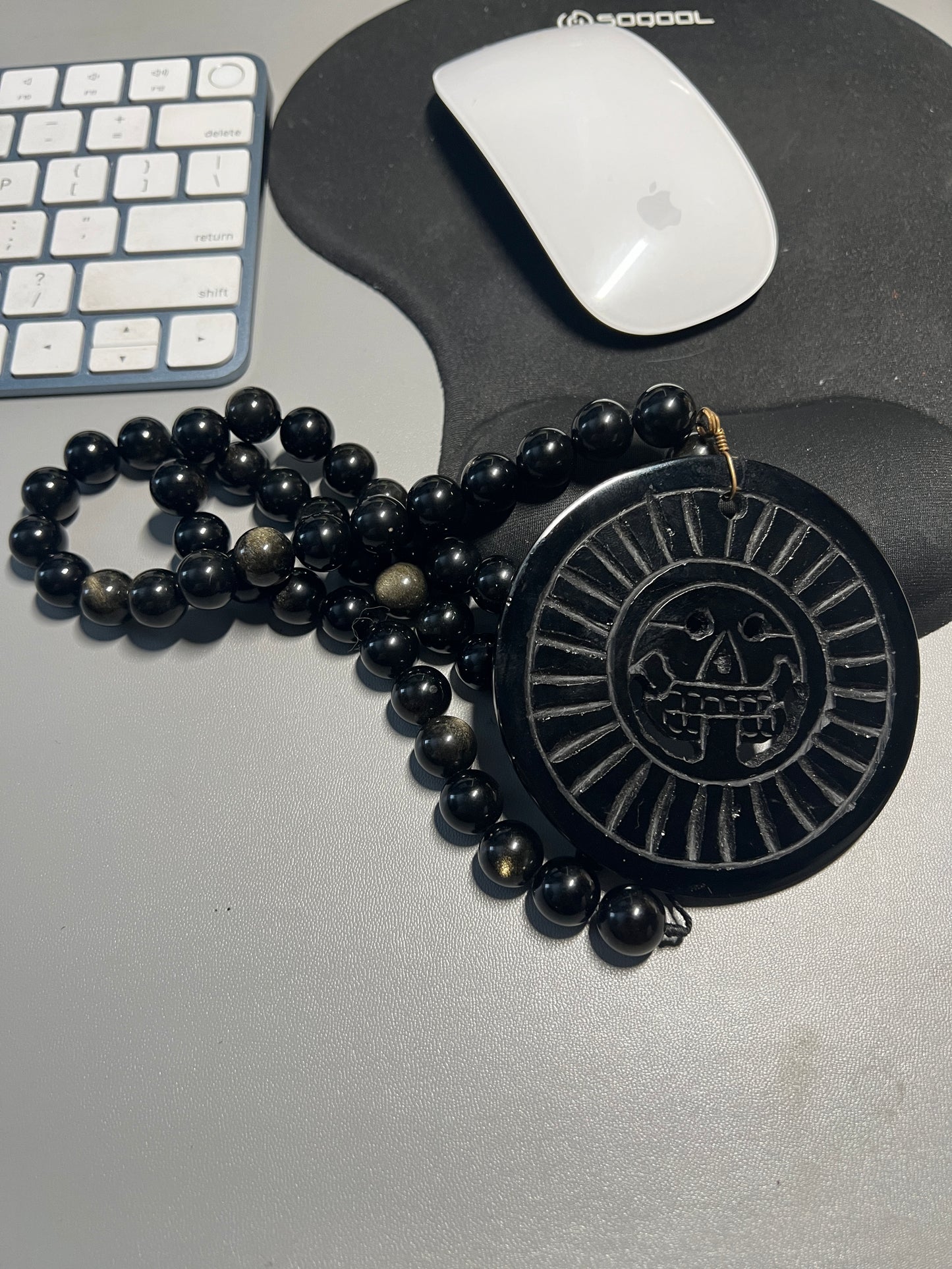 Obsidian Full Circle Piedra De Muerte Pendant Beaded Necklace, The Stone of Death, Mictlantecuhtli, Handmade, Mexico, Prehispanic Jewelry (#18)