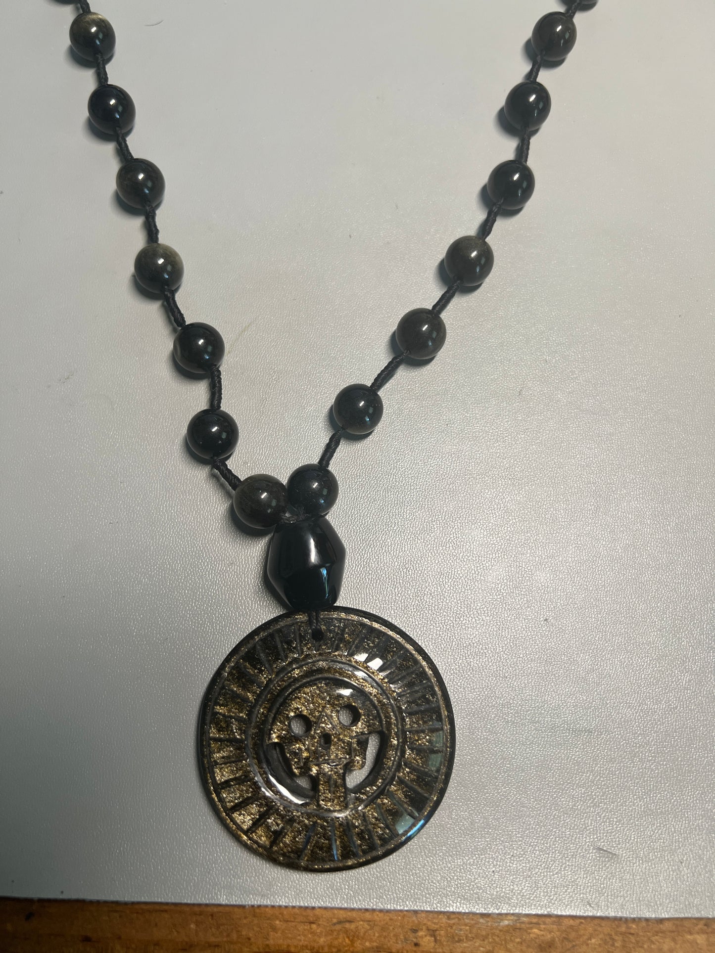 Gold Sheen Obsidian Full Circle Piedra De Muerte Pendant Beaded Necklace, The Stone of Death, Mictlantecuhtli, Handmade, Mexico, Prehispanic Jewelry (#16)