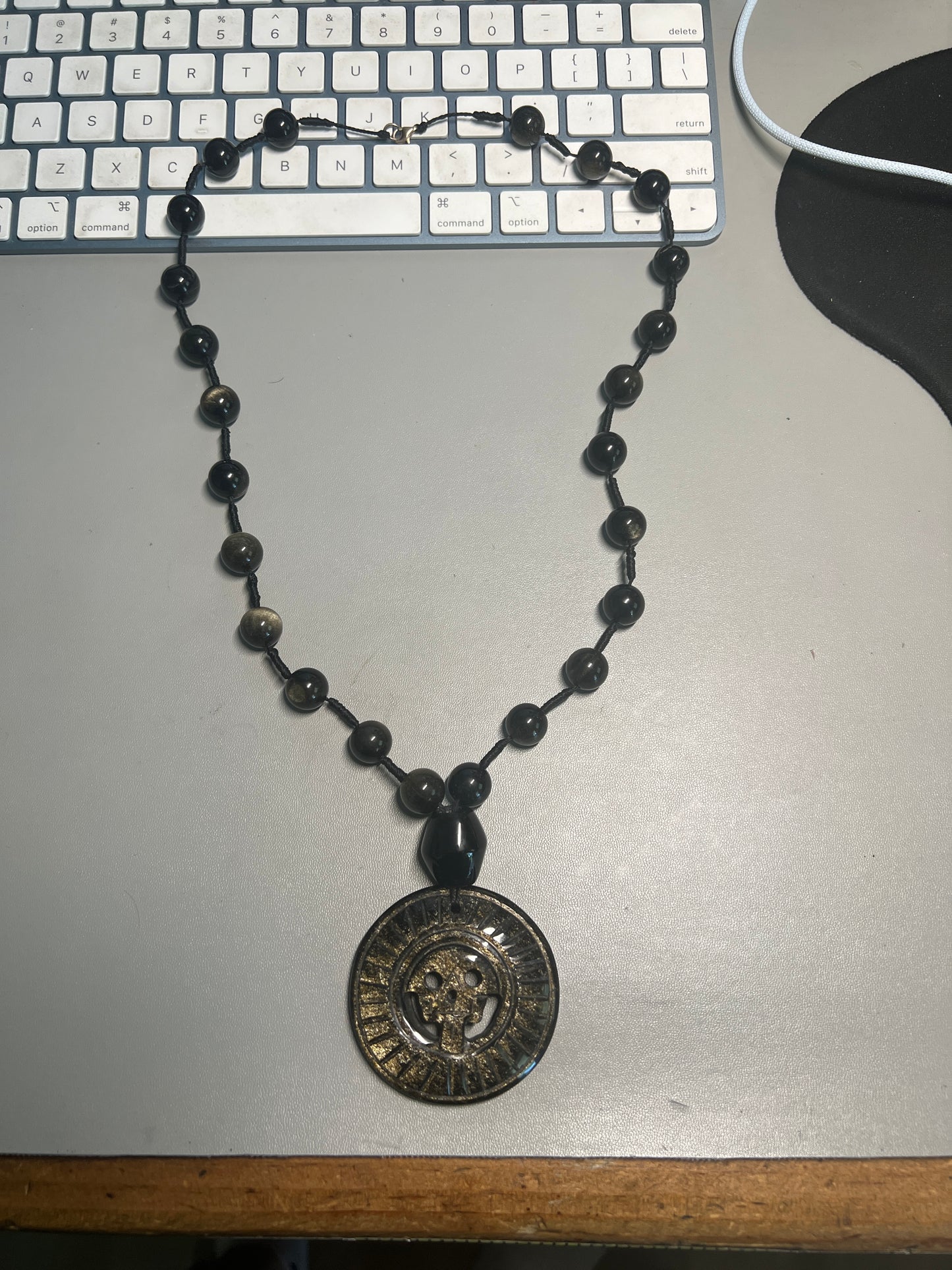 Gold Sheen Obsidian Full Circle Piedra De Muerte Pendant Beaded Necklace, The Stone of Death, Mictlantecuhtli, Handmade, Mexico, Prehispanic Jewelry (#16)