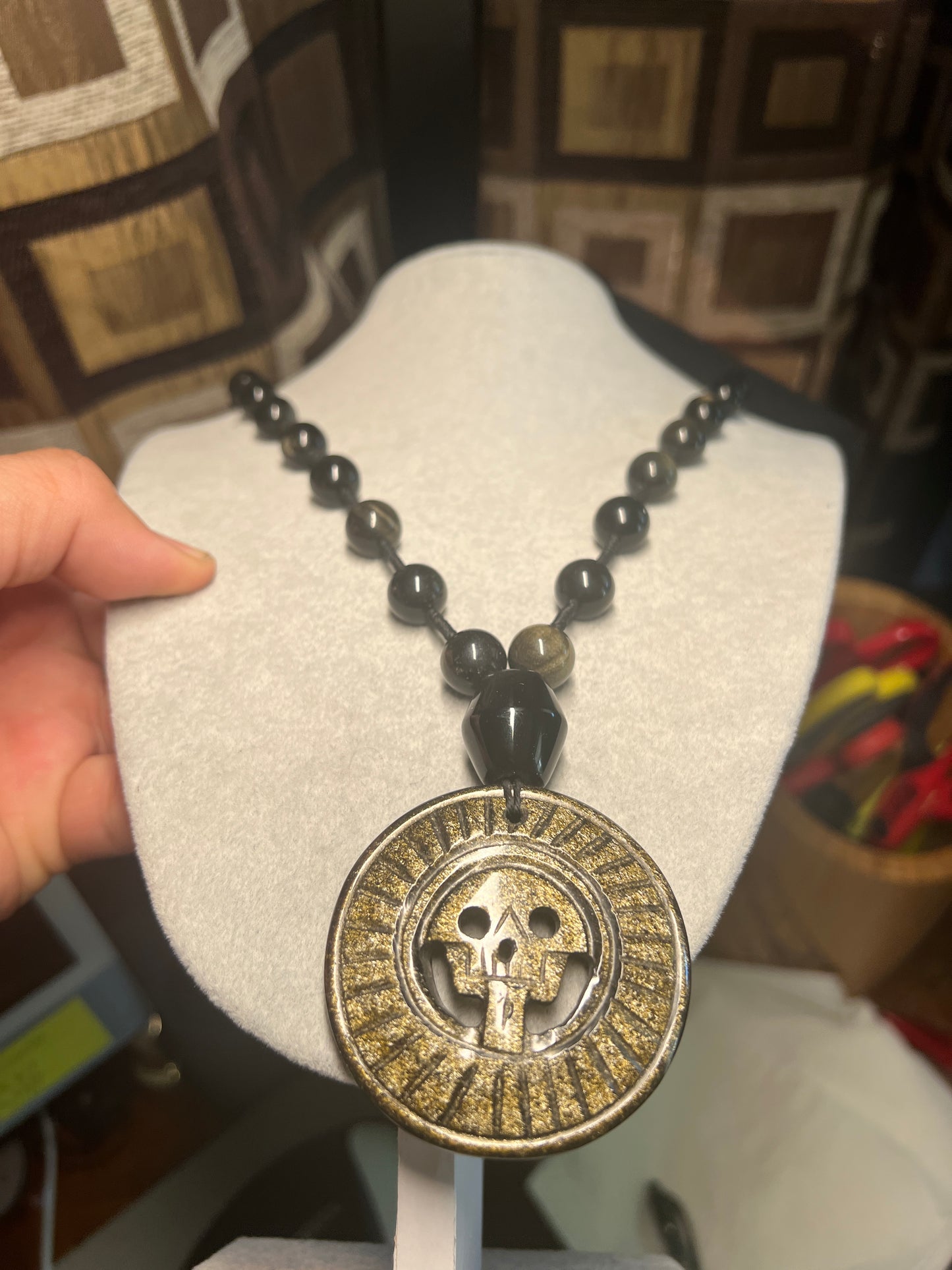 Gold Sheen Obsidian Full Circle Piedra De Muerte Pendant Beaded Necklace, The Stone of Death, Mictlantecuhtli, Handmade, Mexico, Prehispanic Jewelry (#16)