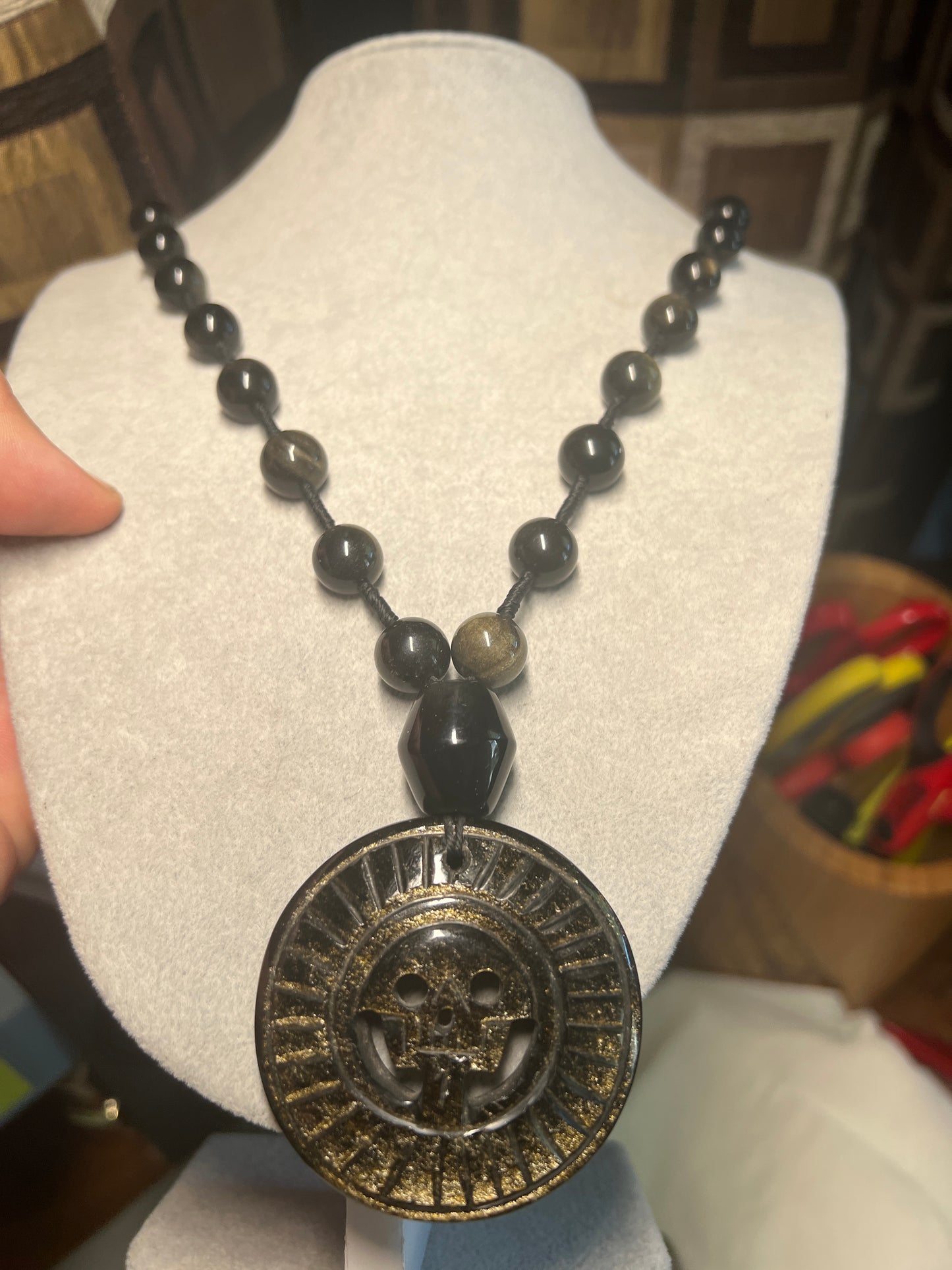 Gold Sheen Obsidian Full Circle Piedra De Muerte Pendant Beaded Necklace, The Stone of Death, Mictlantecuhtli, Handmade, Mexico, Prehispanic Jewelry (#16)