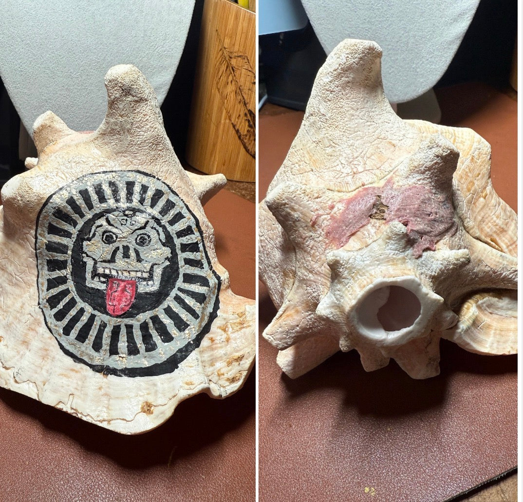 Large Aztec Disk Of Mictlantecuhtli Conch Trumpet, Piedra De Muerte, Shell Horn, 8"x7"