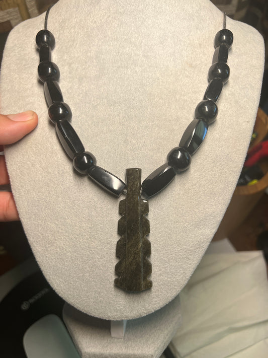 Jade Macuahuitl Necklace, Black Obsidian Round Rectangle Beads, Aztec Sword Design, Mexica Ancient Mexican (#16)