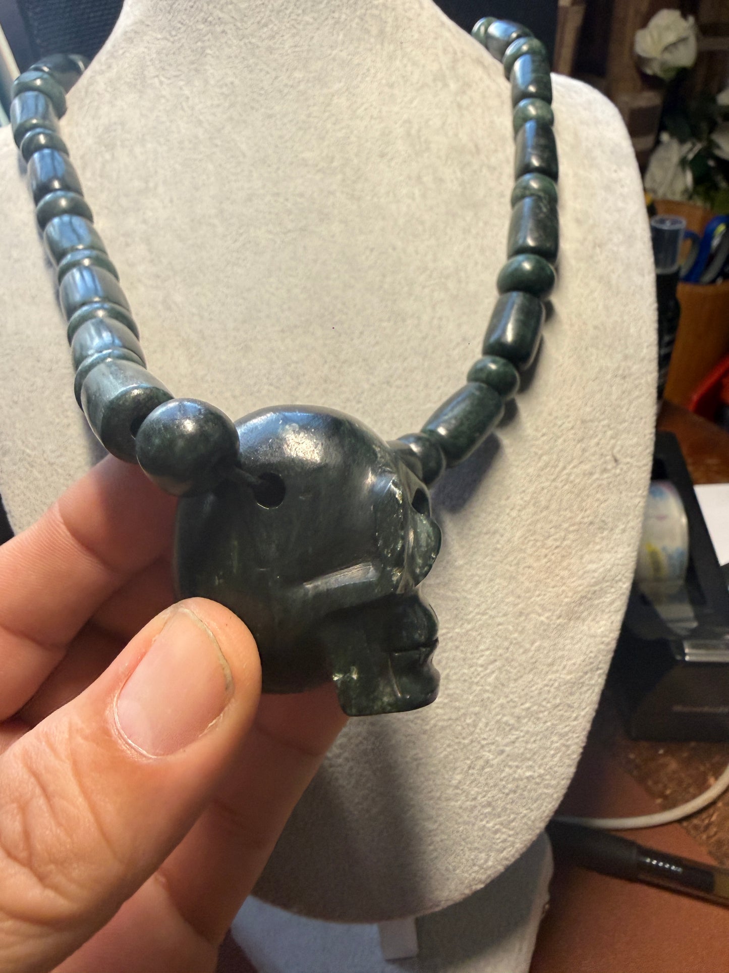 Mictlantecuhtli Full Skull Jade Necklace from Mexica Indigenous Indians, Mexico, Mexican, Aztec, Azteca, Death (#18)