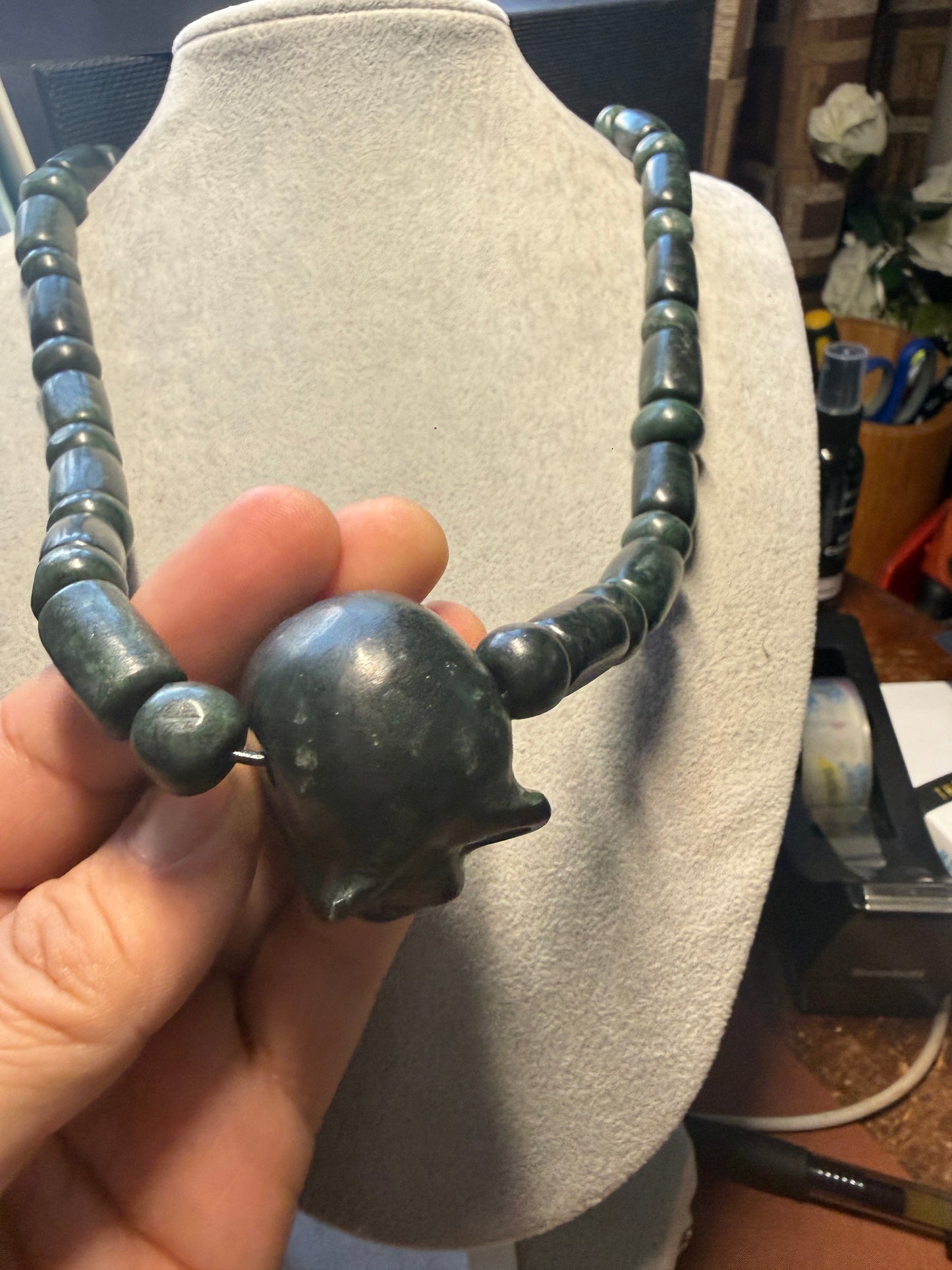 Mictlantecuhtli Full Skull Jade Necklace from Mexica Indigenous Indians, Mexico, Mexican, Aztec, Azteca, Death (#18)