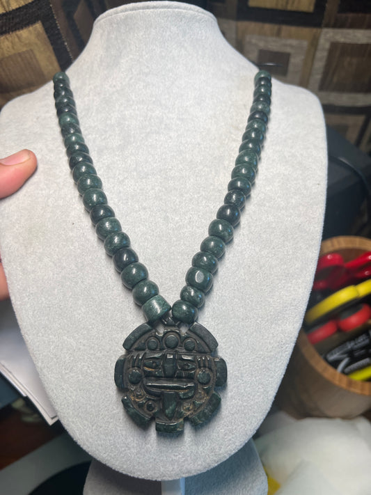 Jade Aztec Tonatiuh Sun Face Necklace, Hand Made, Jade Beads, Mexica Ancient Mexican (#17)