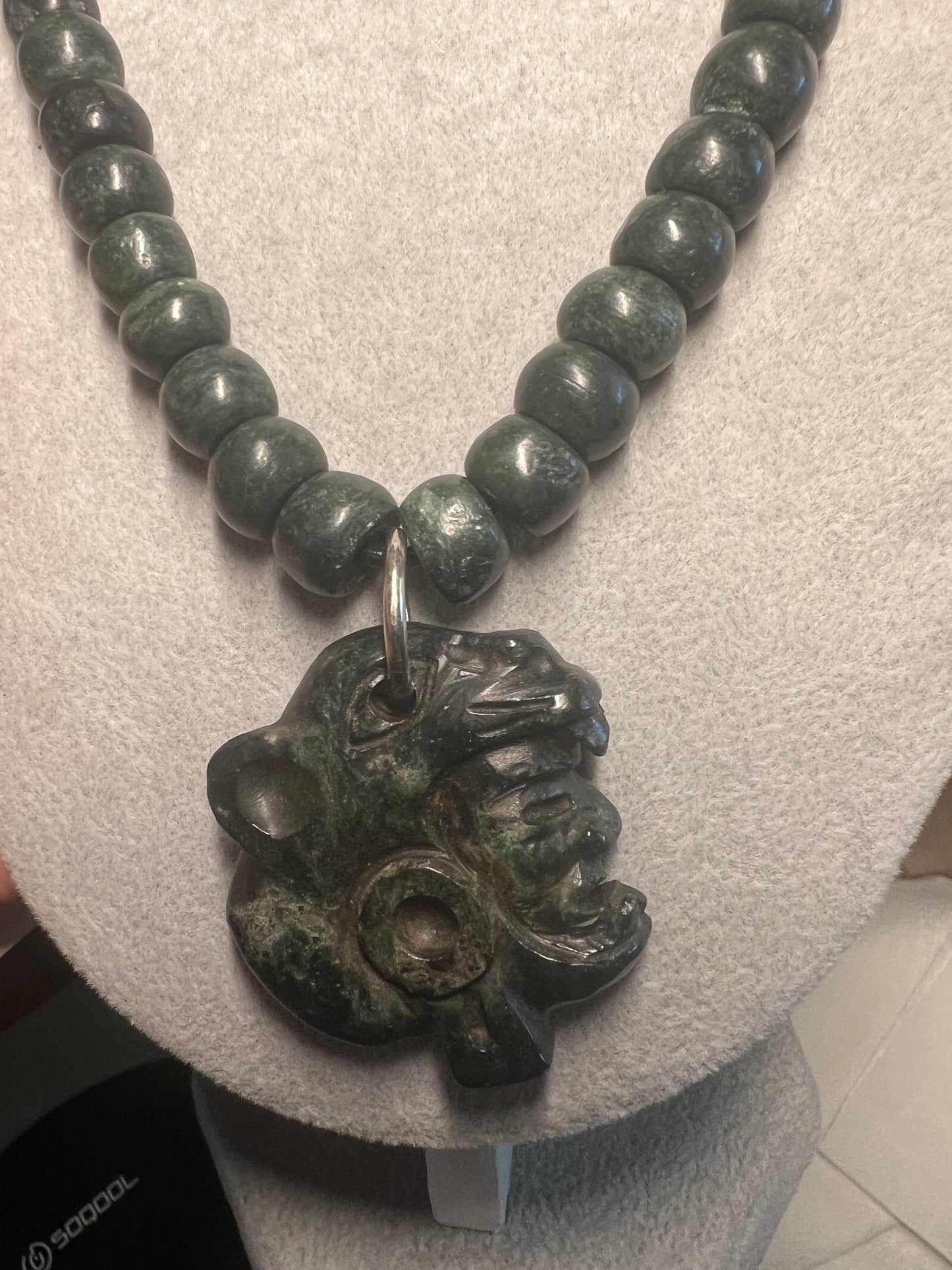 Jaguar Warrior Jade Pendant, Jade Beaded Necklace, Aztec, Mexica, Mayan, Maya, (#17)