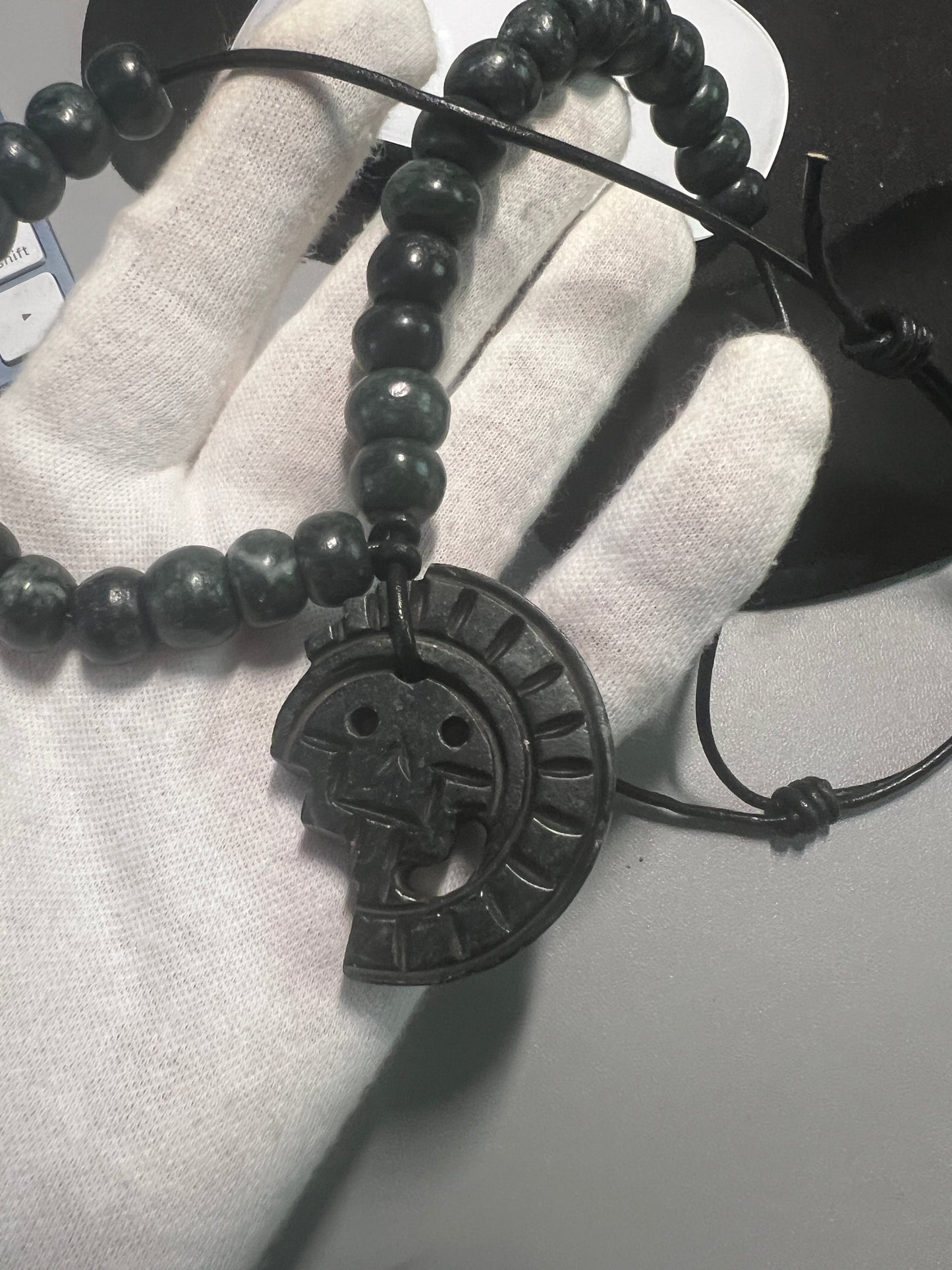 JADE Piedra De Muerte Pendant Beaded Necklace, The Stone of Death, Mictlantecuhtli, Handmade, Mexico, Prehispanic Jewelry (#16)