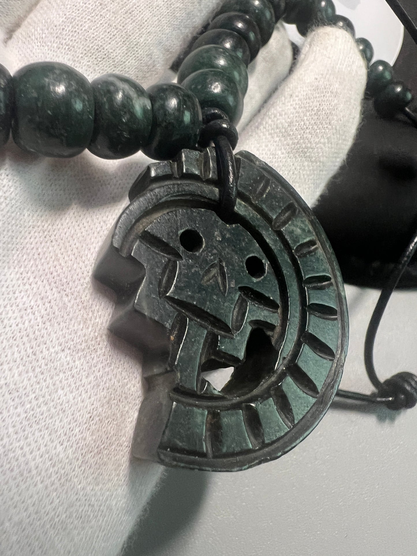 JADE Piedra De Muerte Pendant Beaded Necklace, The Stone of Death, Mictlantecuhtli, Handmade, Mexico, Prehispanic Jewelry (#16)