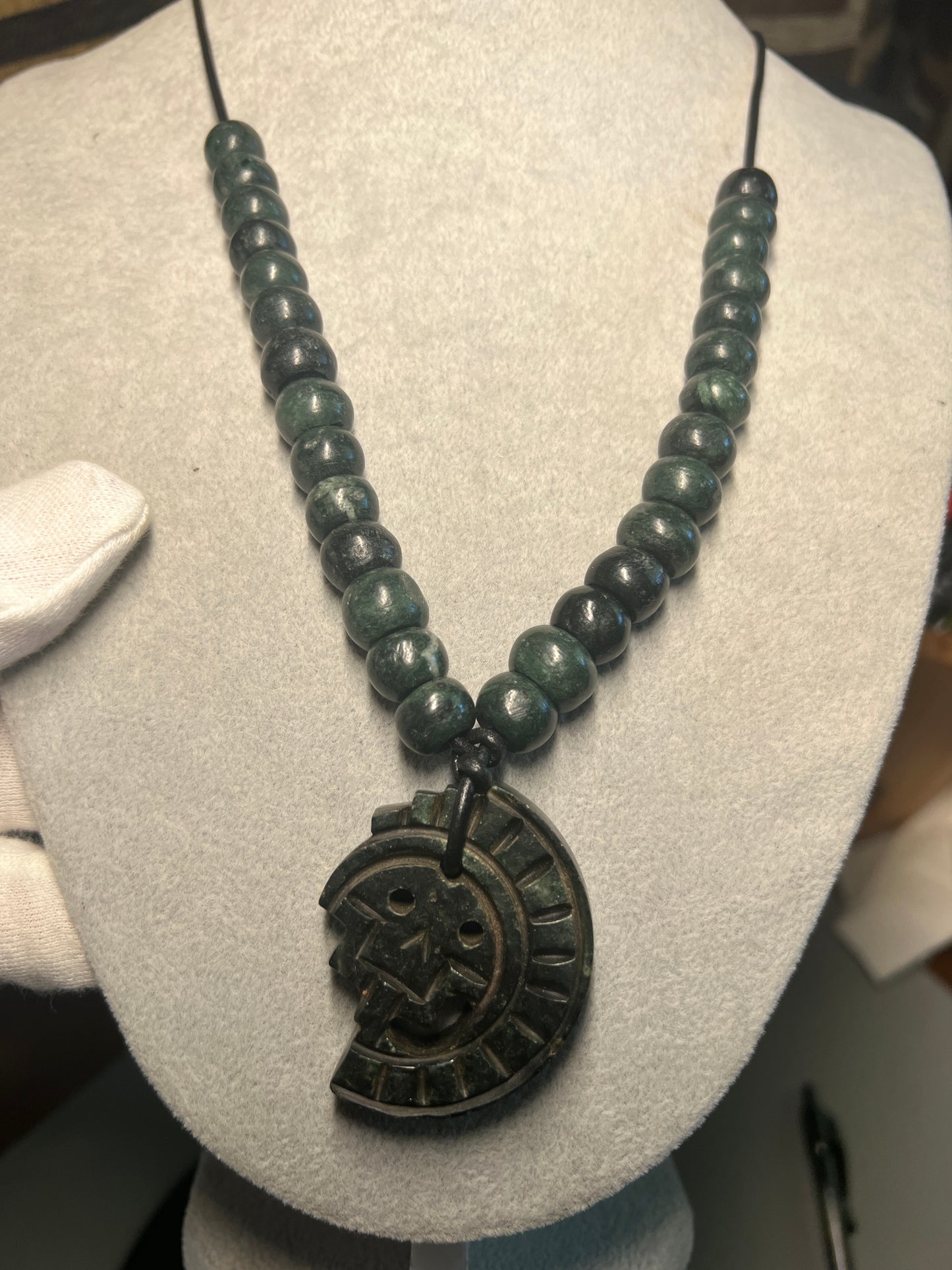 JADE Piedra De Muerte Pendant Beaded Necklace, The Stone of Death, Mictlantecuhtli, Handmade, Mexico, Prehispanic Jewelry (#16)