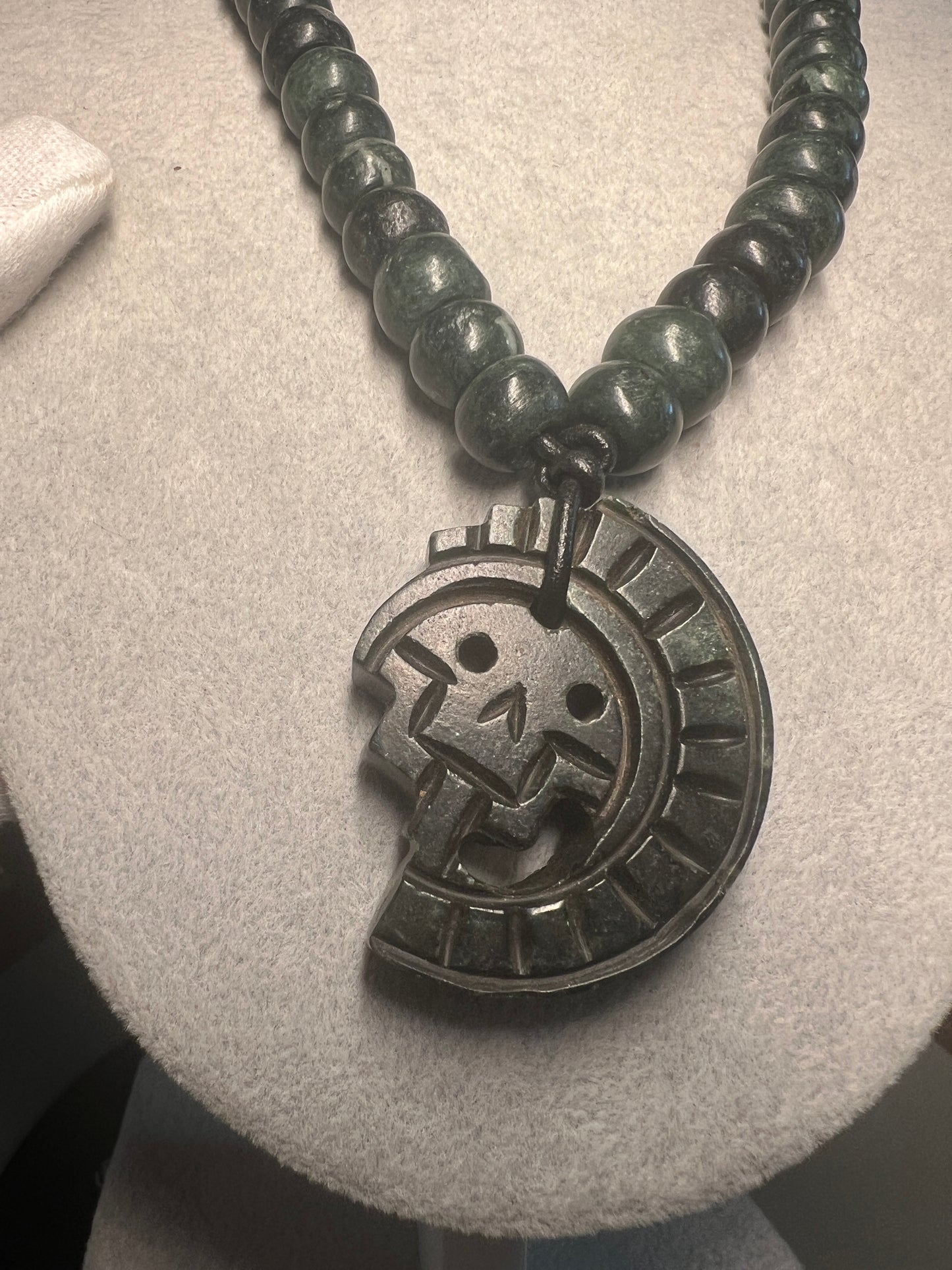 JADE Piedra De Muerte Pendant Beaded Necklace, The Stone of Death, Mictlantecuhtli, Handmade, Mexico, Prehispanic Jewelry (#16)