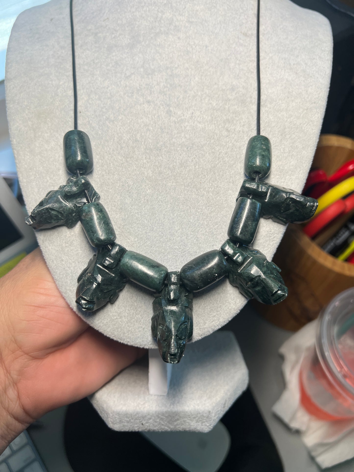 5 Jade Mayan Faces Pendant, Leather Necklace Cord, Mexico, Cancun, Yucatan, Tribal #16