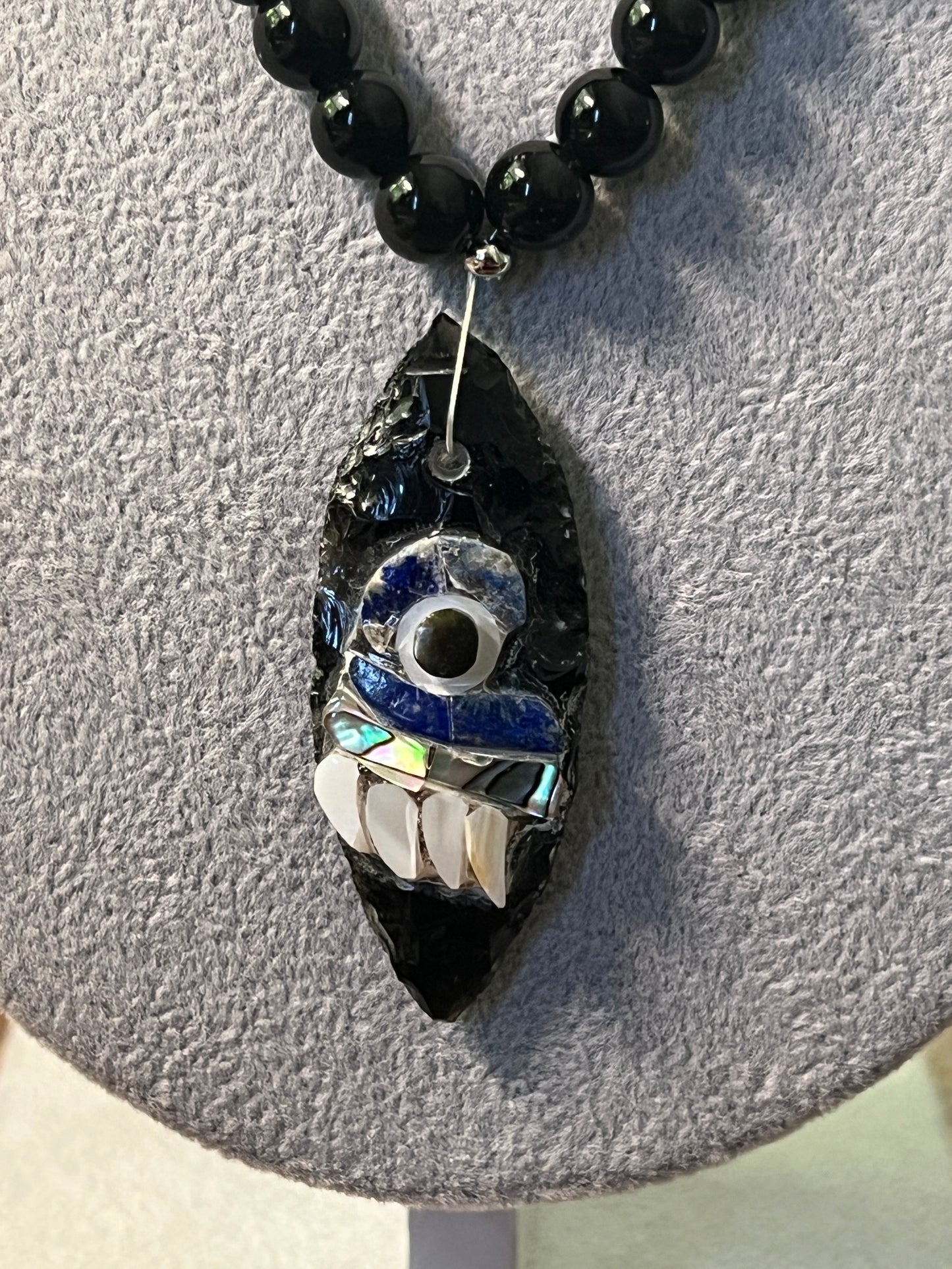 Tecpatl Aztec Obsidian Pendant Flint Knife, Mini Obsidian Beaded Necklace, Symbol for Sorcery, Shape Shifting Sterling Silver pendants, Mexico,  (#19)