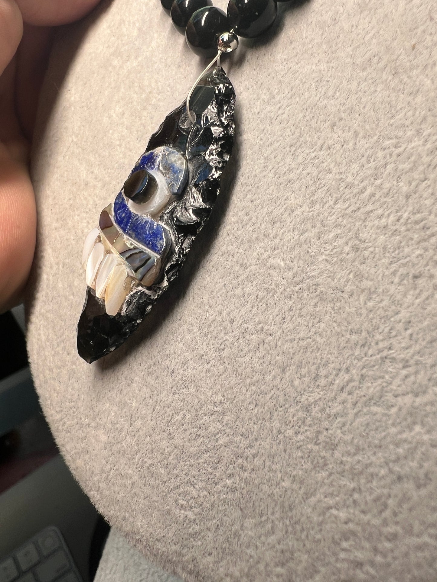 Tecpatl Aztec Obsidian Pendant Flint Knife, Mini Obsidian Beaded Necklace, Symbol for Sorcery, Shape Shifting Sterling Silver pendants, Mexico,  (#19)