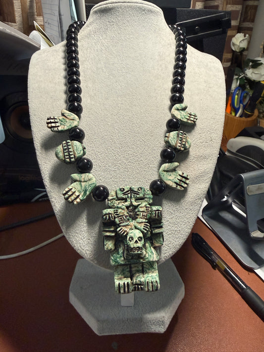 Aztec Coatlicue Goddess, Skirt of Serpents, Hands and Hearts Necklace, Serpentine Stone, Mexico (#H)