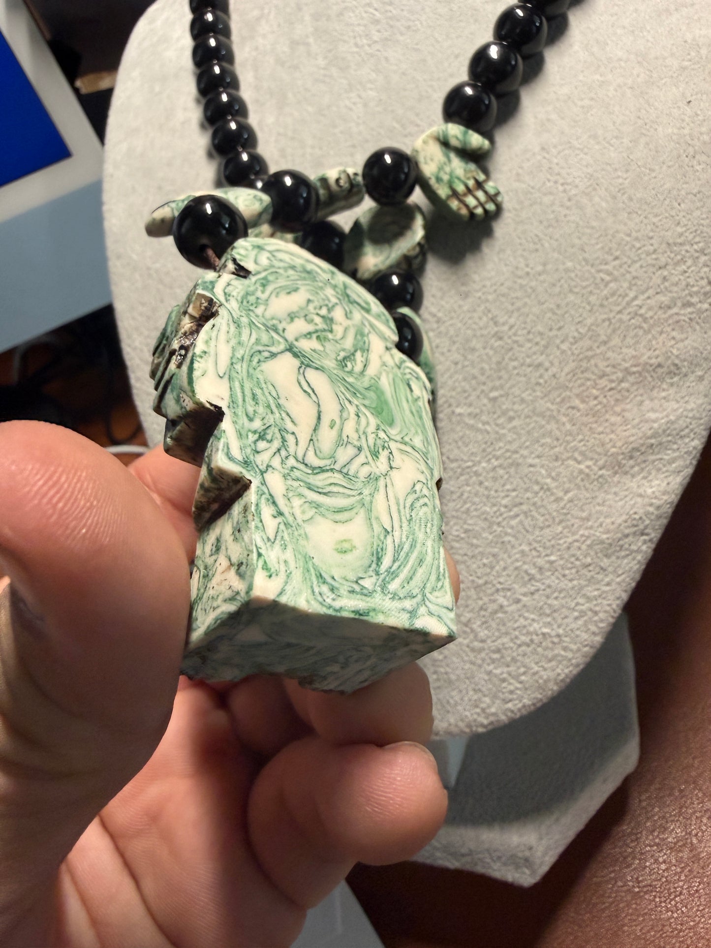 Aztec Coatlicue Goddess, Skirt of Serpents, Hands and Hearts Necklace, Serpentine Stone, Mexico (#H)