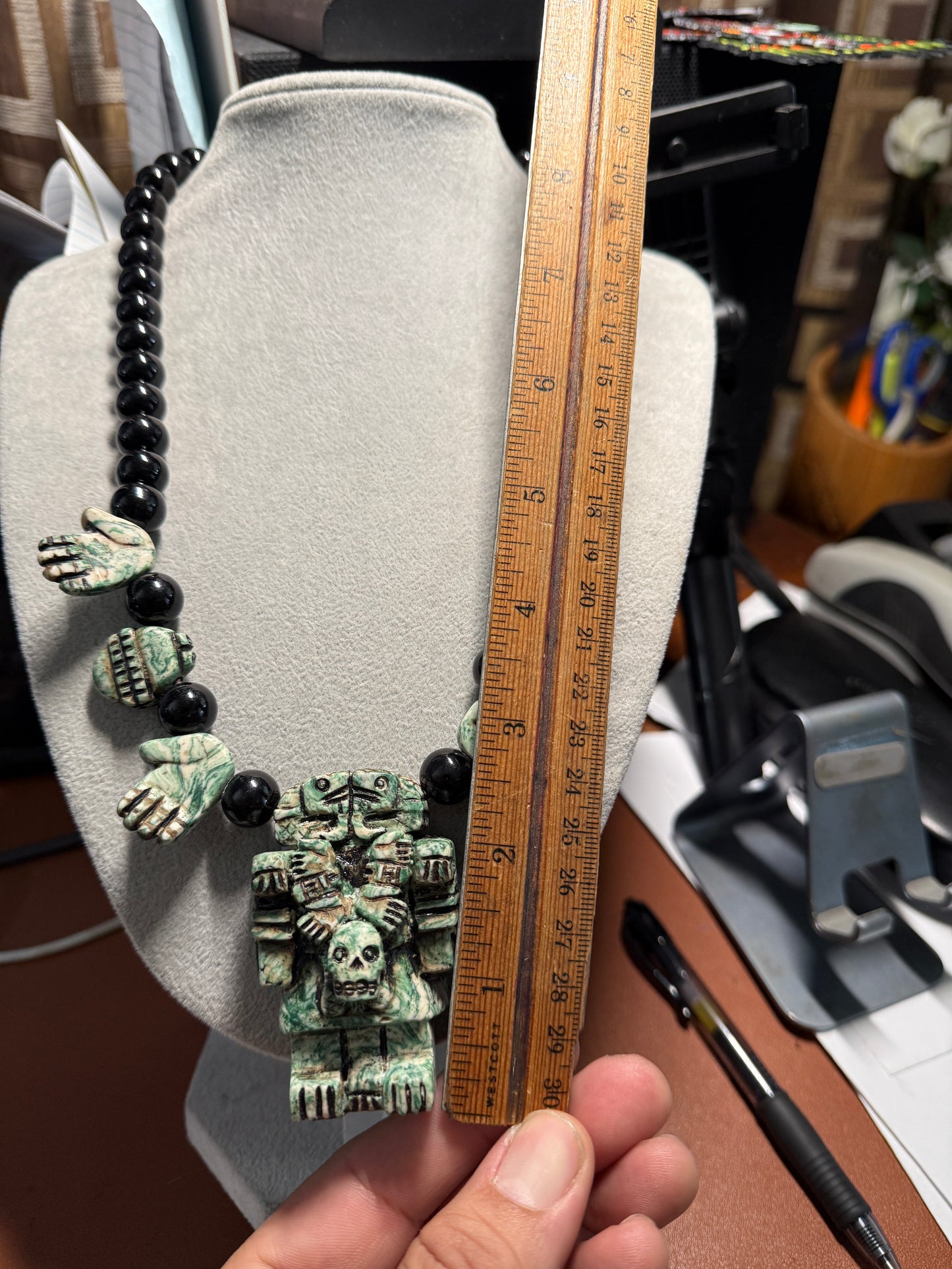 Aztec Coatlicue Goddess, Skirt of Serpents, Hands and Hearts Necklace, Serpentine Stone, Mexico (#H)
