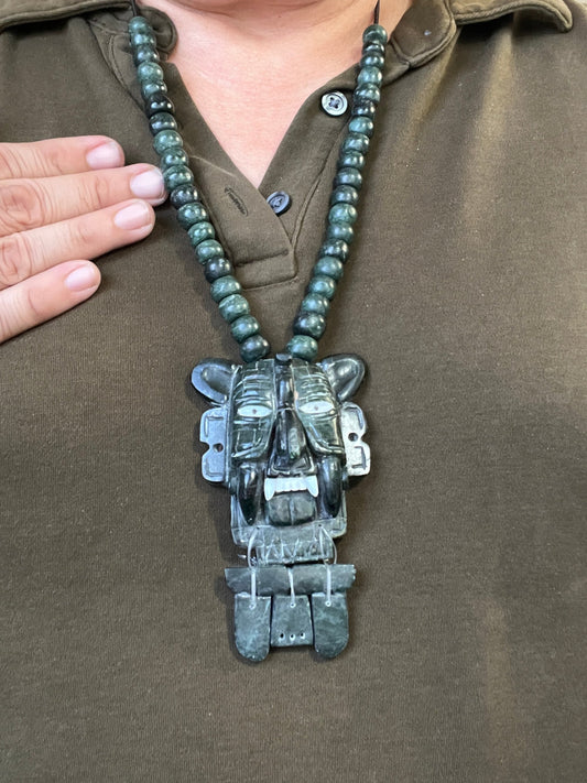 Pre Columbian Replica Zapotec God "Murcielago" Bat Jade Pendant and Jade Beaded Necklace (#17)