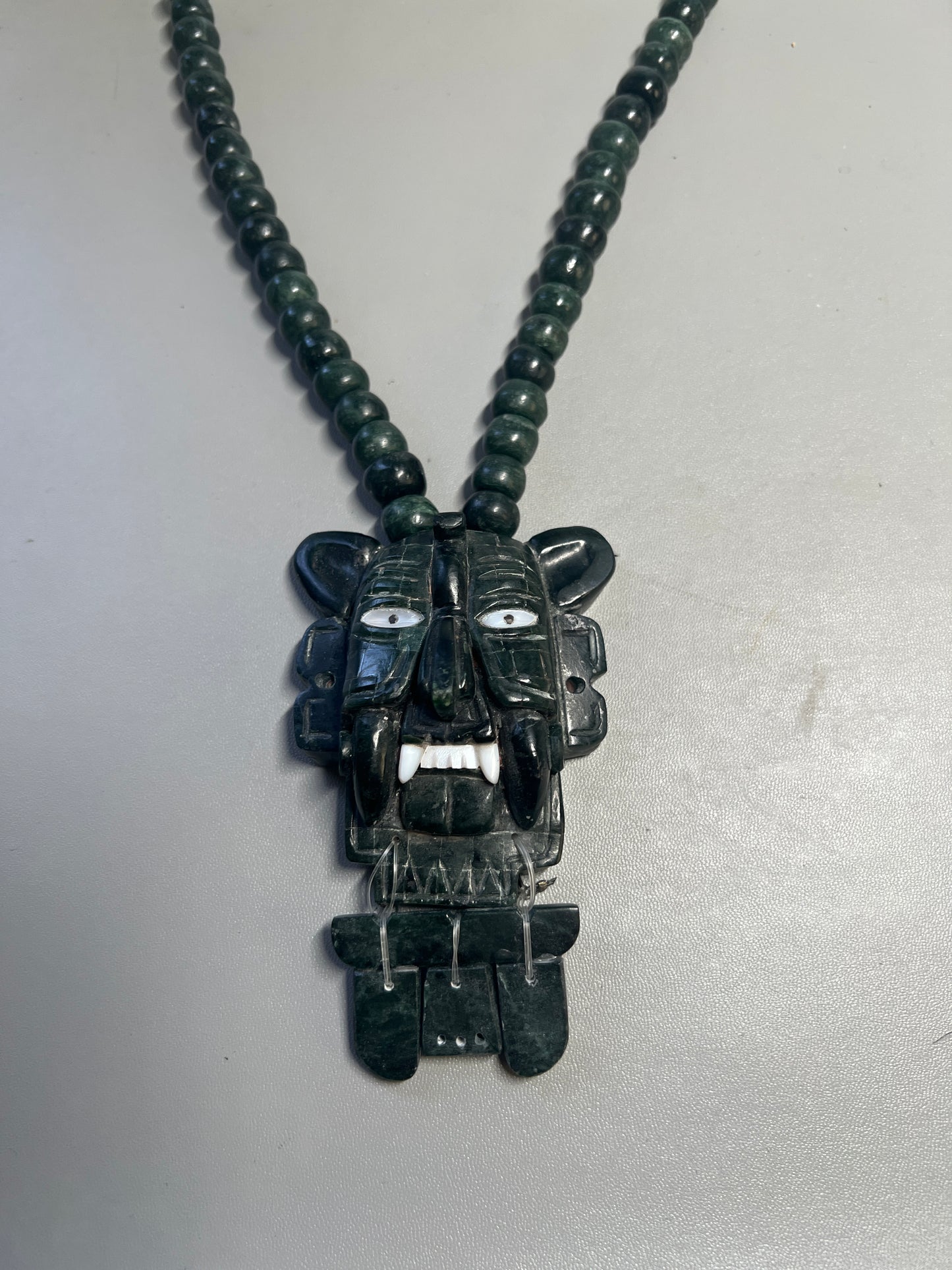 Pre Columbian Replica Zapotec God "Murcielago" Bat Jade Pendant and Jade Beaded Necklace (#17)