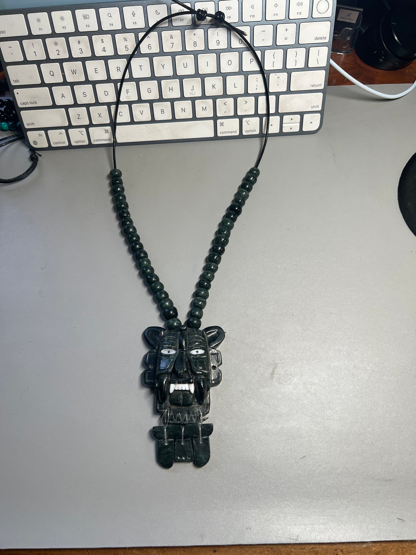 Pre Columbian Replica Zapotec God "Murcielago" Bat Jade Pendant and Jade Beaded Necklace (#17)