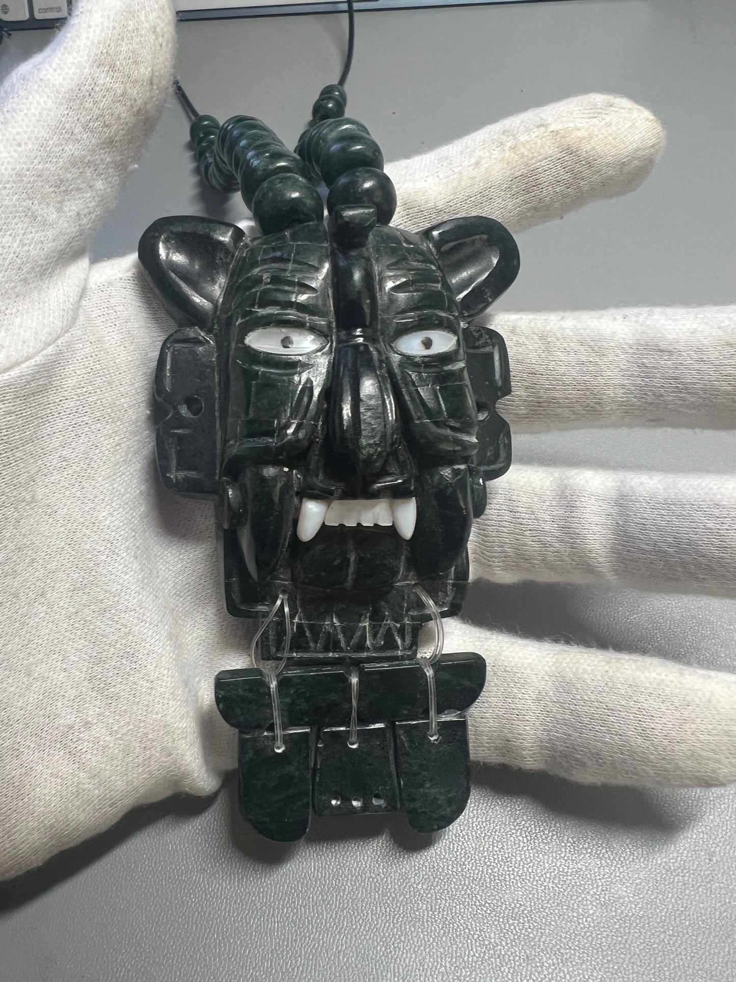 Pre Columbian Replica Zapotec God "Murcielago" Bat Jade Pendant and Jade Beaded Necklace (#17)