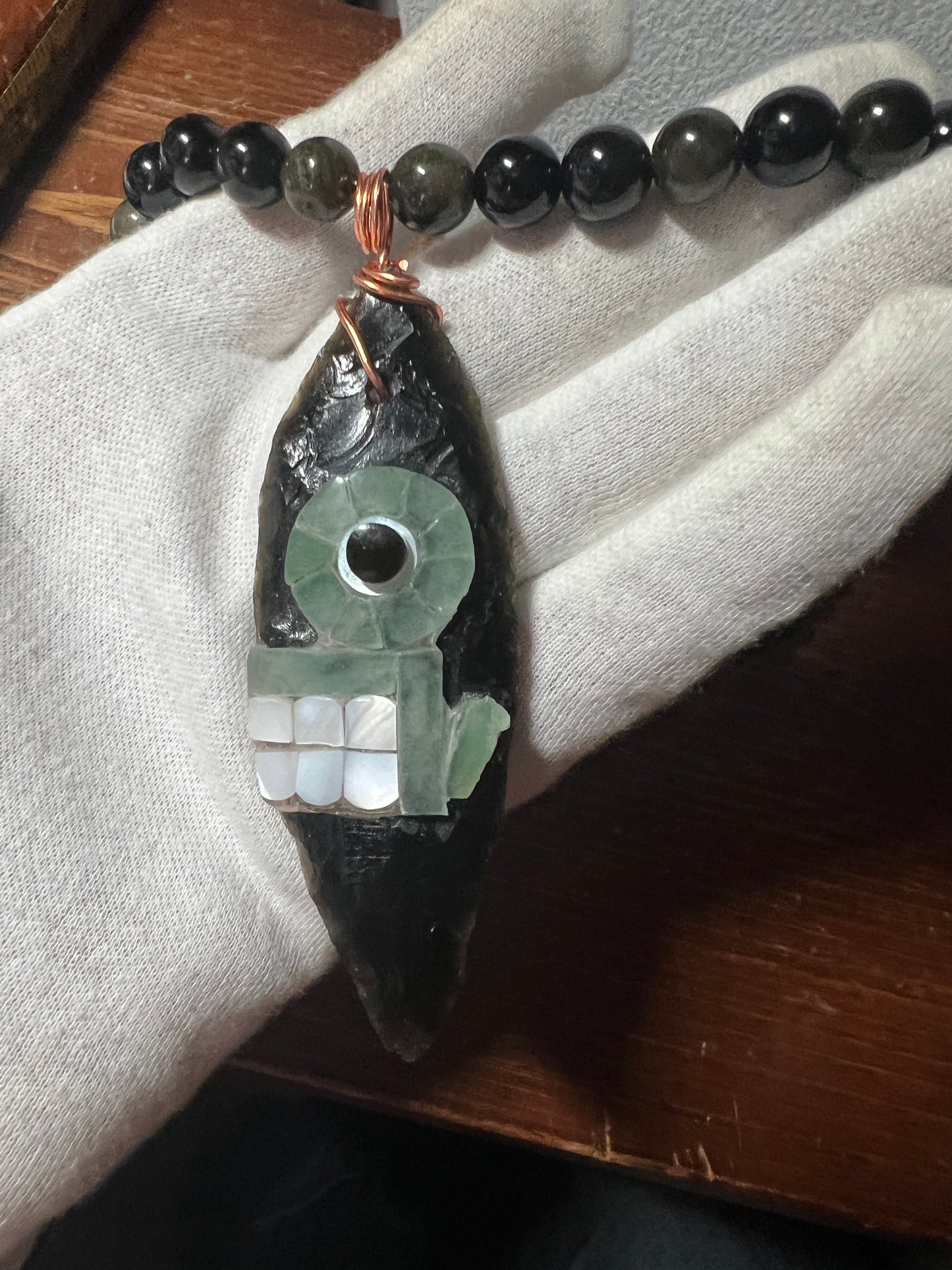 Large Tecpatl Aztec Obsidian Pendant Flint Knife, Mini Obsidian Beaded Necklace, Symbol for Sorcery, Shape Shifting Sterling Silver pendants, Mexico (#16)