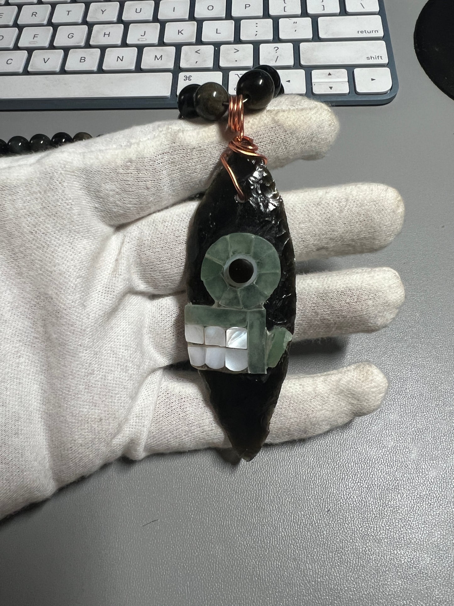 Large Tecpatl Aztec Obsidian Pendant Flint Knife, Mini Obsidian Beaded Necklace, Symbol for Sorcery, Shape Shifting Sterling Silver pendants, Mexico (#16)