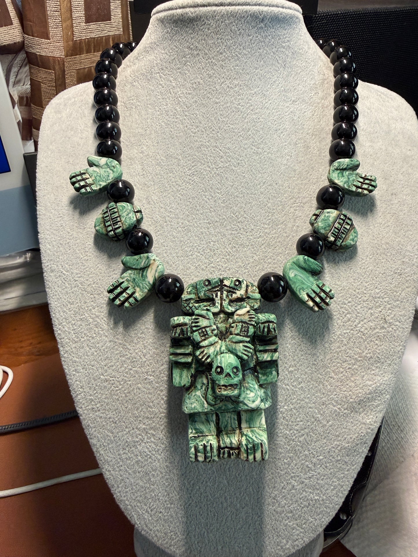 Aztec Coatlicue Goddess, Skirt of Serpents, Hands and Hearts Necklace, Serpentine Stone, Mexico (#H)