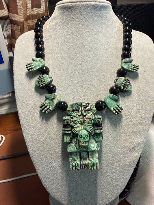 Aztec Coatlicue Goddess, Skirt of Serpents, Hands and Hearts Necklace, Serpentine Stone, Mexico (#H)