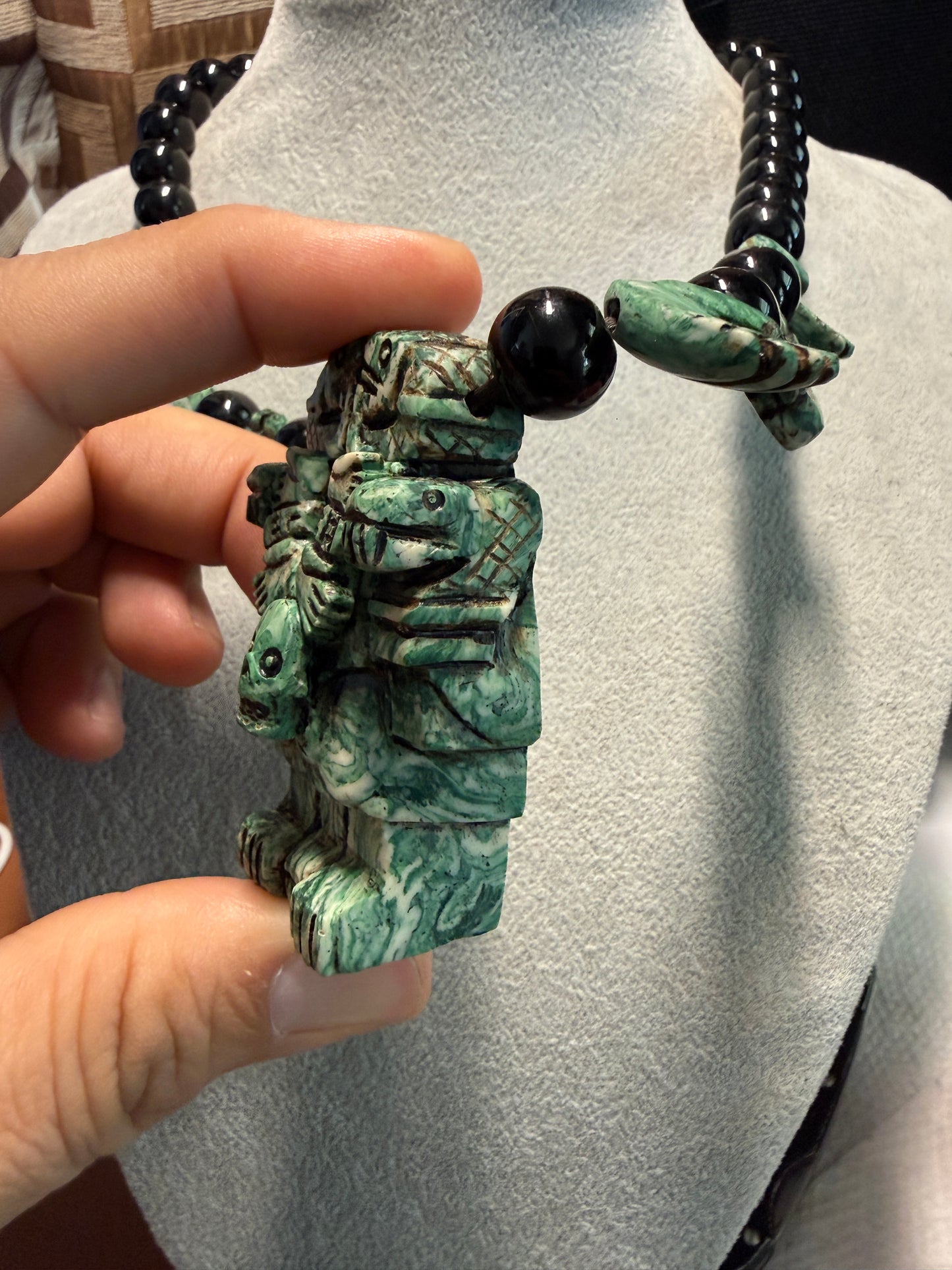 Aztec Coatlicue Goddess, Skirt of Serpents, Hands and Hearts Necklace, Serpentine Stone, Mexico (#H)