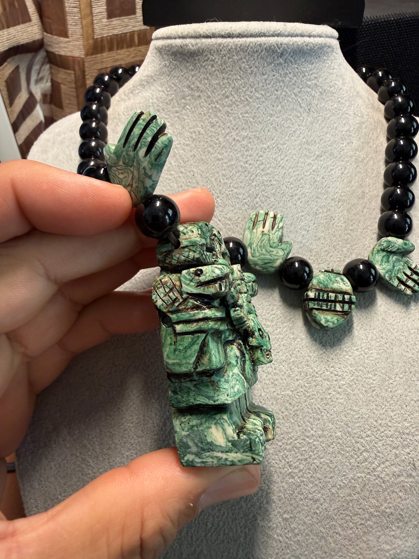 Aztec Coatlicue Goddess, Skirt of Serpents, Hands and Hearts Necklace, Serpentine Stone, Mexico (#H)