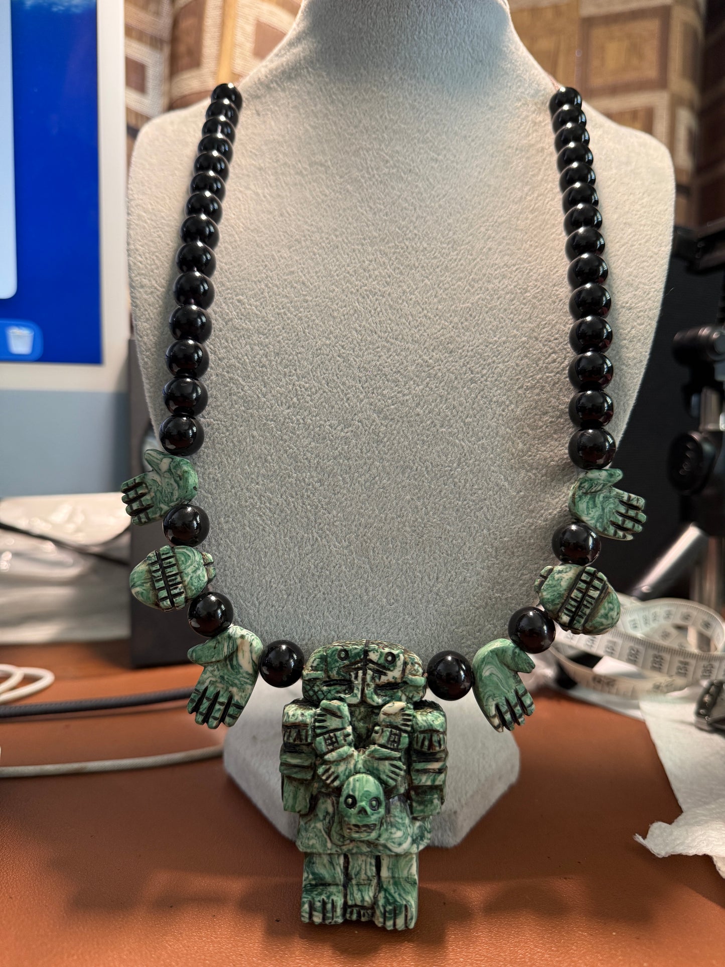 Aztec Coatlicue Goddess, Skirt of Serpents, Hands and Hearts Necklace, Serpentine Stone, Mexico (#H)