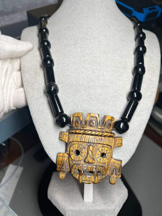 Golden Tlaloc Tiger Eye Stone Pendant Necklace, adjustable, Black Obsidian Beads, All Handmade, Super Rare, Golden, Aztec, Azteca, Mexica (#17)