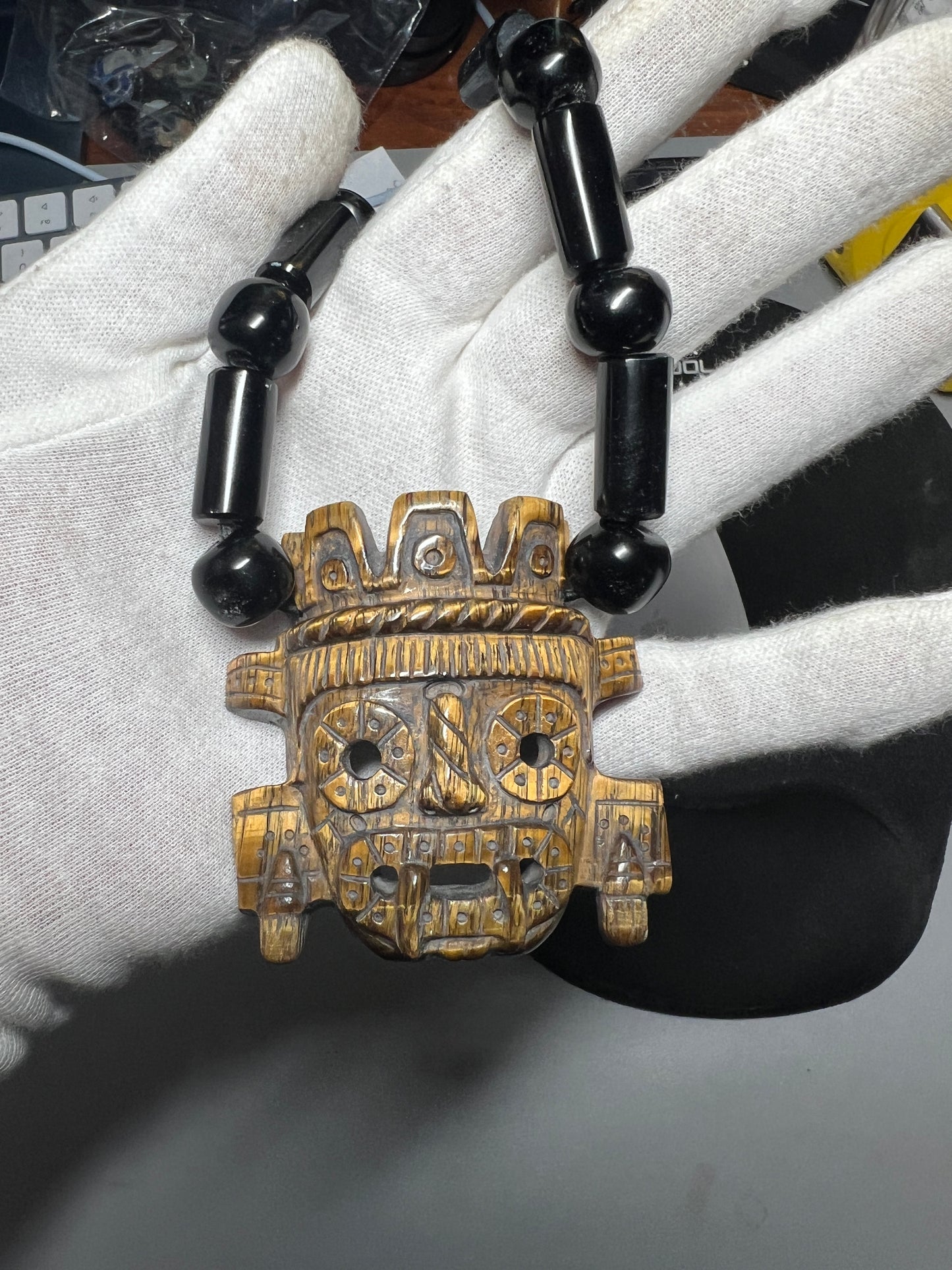 Golden Tlaloc Tiger Eye Stone Pendant Necklace, adjustable, Black Obsidian Beads, All Handmade, Super Rare, Golden, Aztec, Azteca, Mexica (#17)