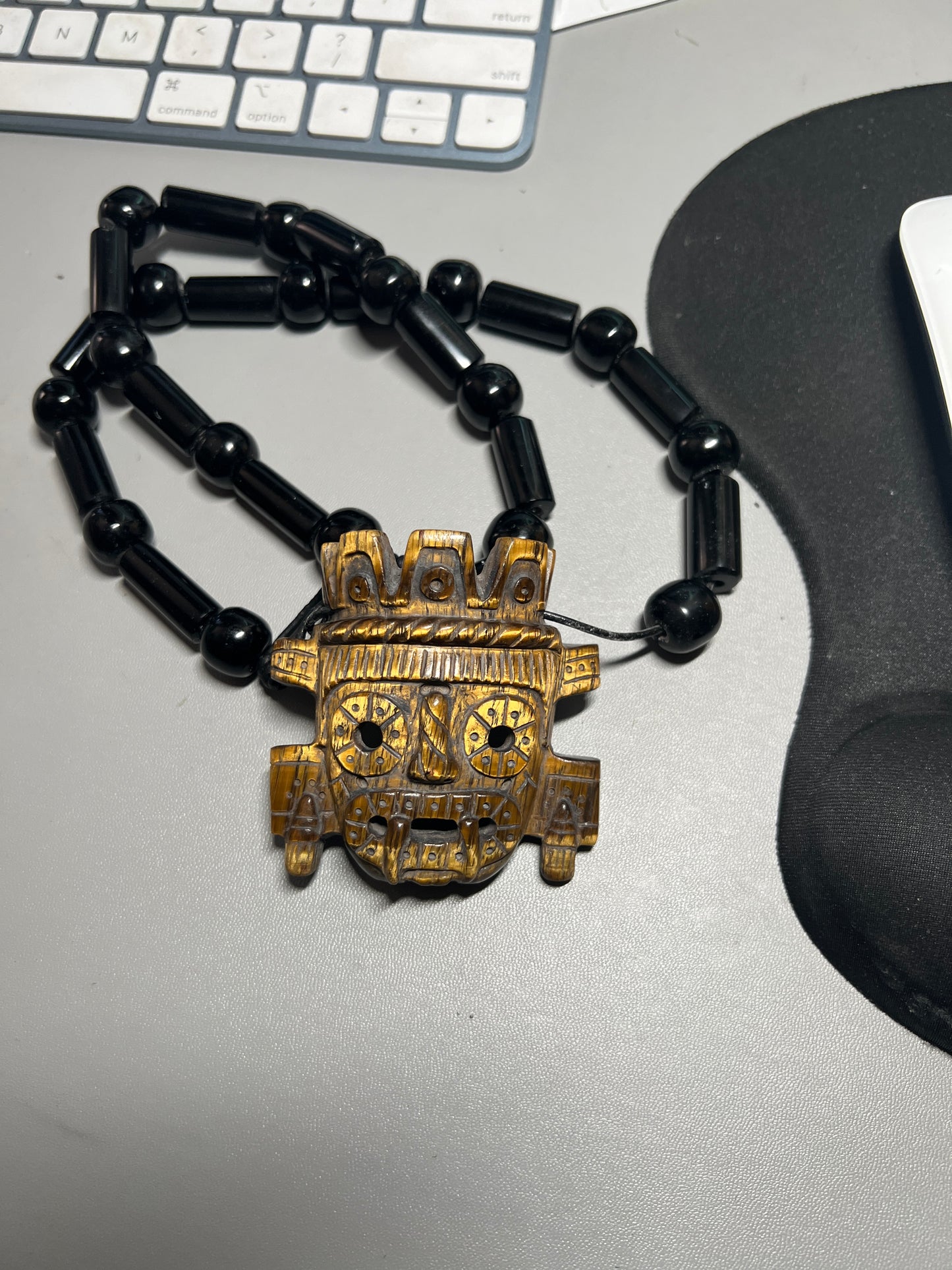 Golden Tlaloc Tiger Eye Stone Pendant Necklace, adjustable, Black Obsidian Beads, All Handmade, Super Rare, Golden, Aztec, Azteca, Mexica (#17)