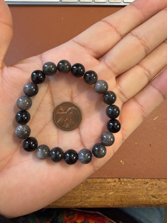 Black Silver Obsidian Beaded Bracelet Women Handmade Natural  7"x8.8mm (#41)